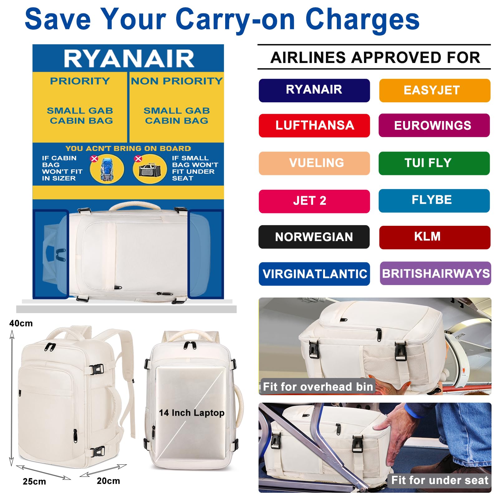 ENZOSUM Zaino Ryanair 40x20x25 Zaino da Viaggio Aereo Bagaglio a Mano Borsa da Viaggio Zaino Donna per Aereo Zaini da Viaggio Zaino Antifurto Piccolo Borsone da Cabina per Scuola Lavoro,Beige