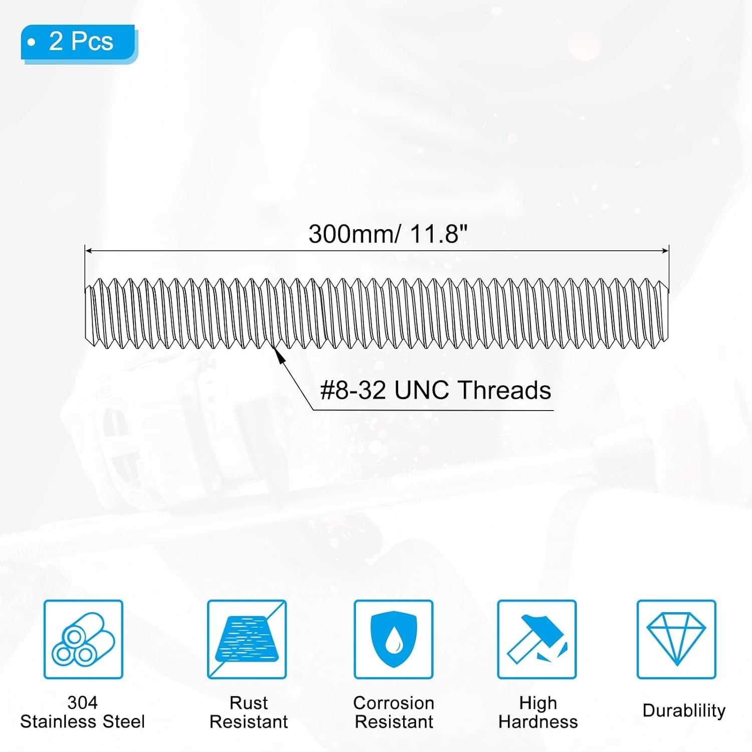 PATIKIL #8-32 UNC 304 Stainless Steel Fully Threaded Rod, 2Pcs 11.8" Length Long Threaded Screw Right Hand Threads All Threaded Rod Studs for Anchoring Bolt, Clamps, Hangers and U-Bolts