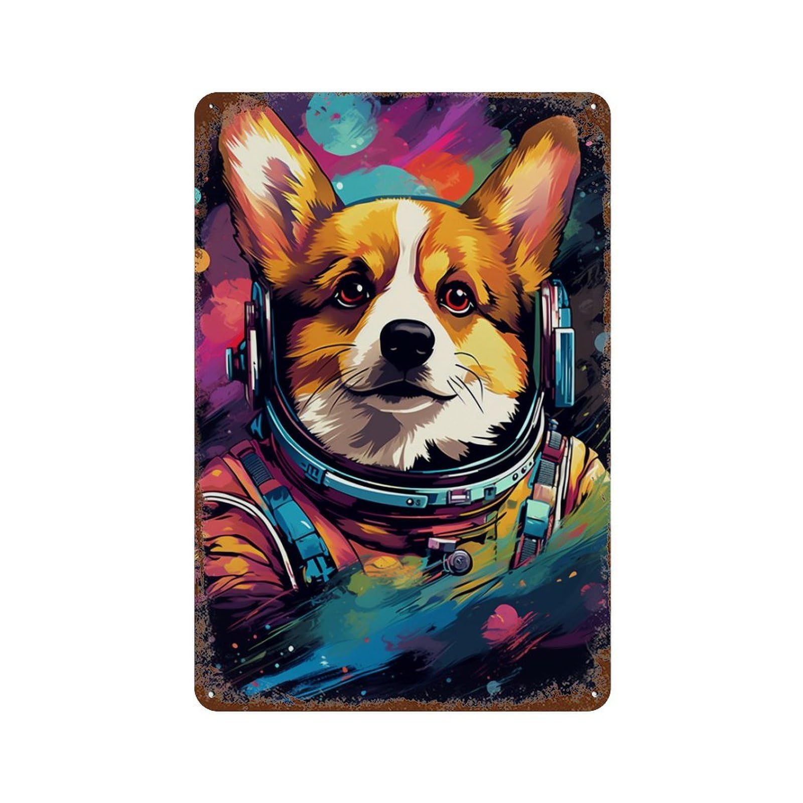 Corgi Astronaut Space Art Decorative Tin Sign 11.8"x7.9", for Farmhouse, Kitchen And Entryway Decor, Vintage Wall Decor