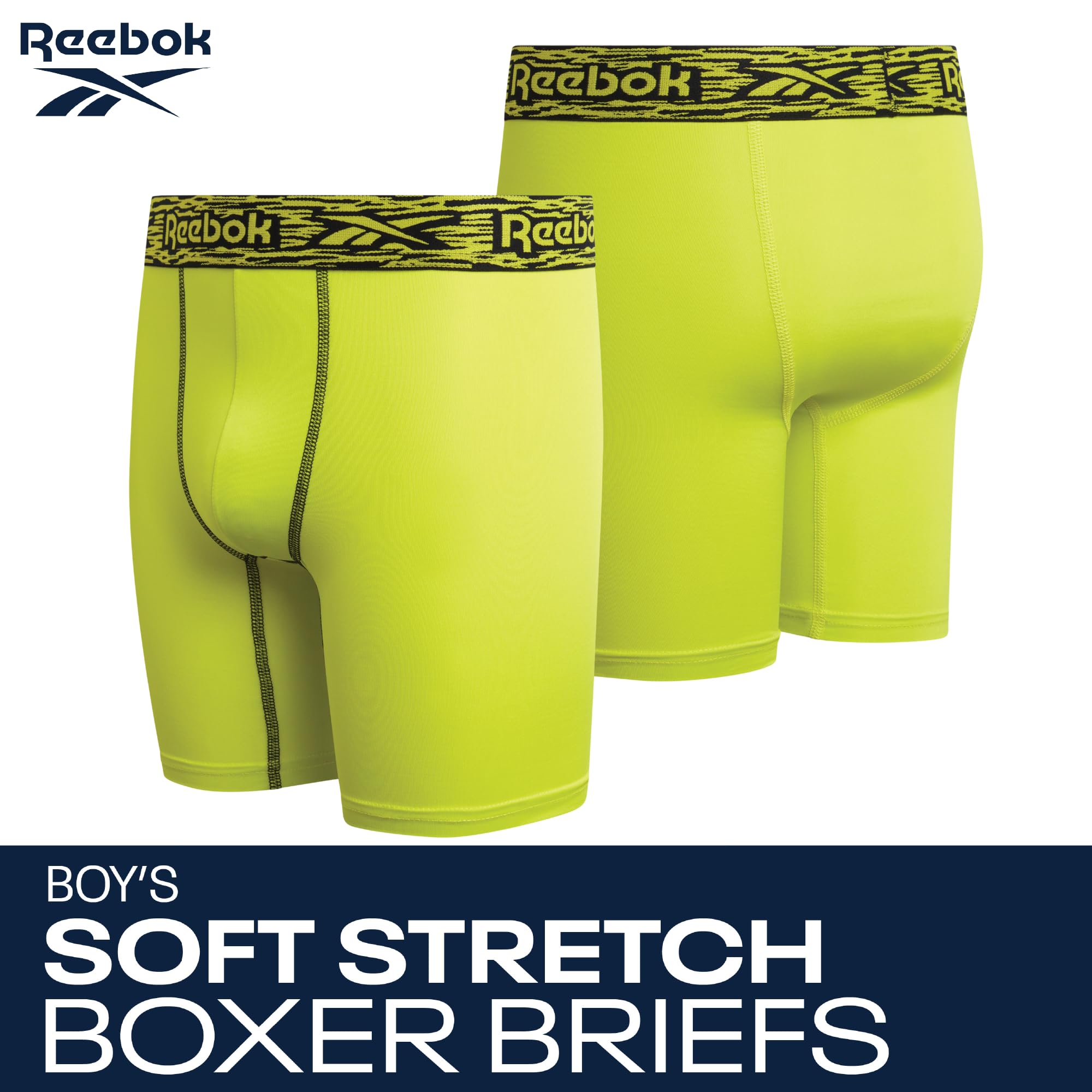 Reebok Calzoncillos tipo bóxer para niños, paquete de 8 calzoncillos tipo bóxer de rendimiento de 6 pulgadas de entrepierna de pierna larga con bolsa de apoyo (6-18)