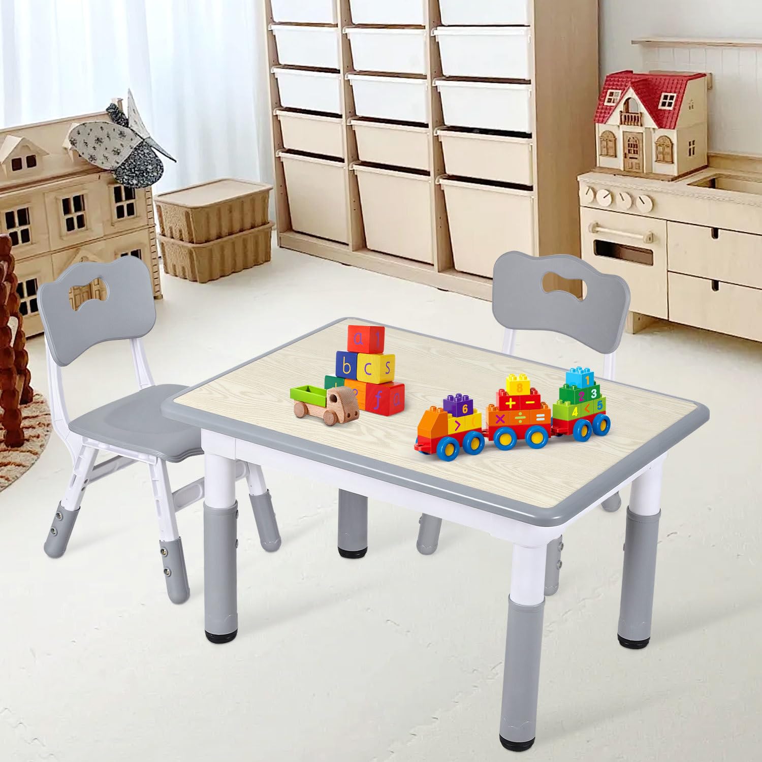 Tavolo per bambini con 2 sedie, altezza regolabile in 7 posizioni, 80 x 60 cm