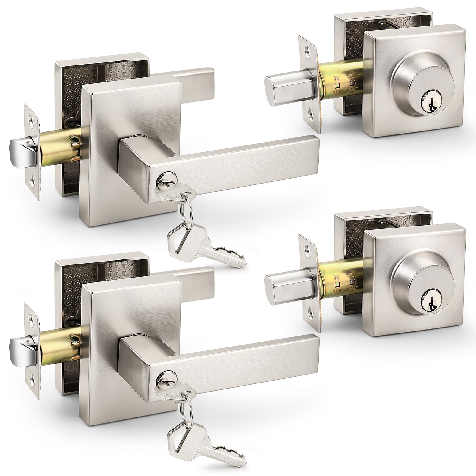 Probrico Square Front Door Lock Set Exterior 2 Pack, Entry Door Handles and Single Cylinder Deadbolts Same Keys, Door Locksets Reversible for Right and Left in Brushed Nickel Finish