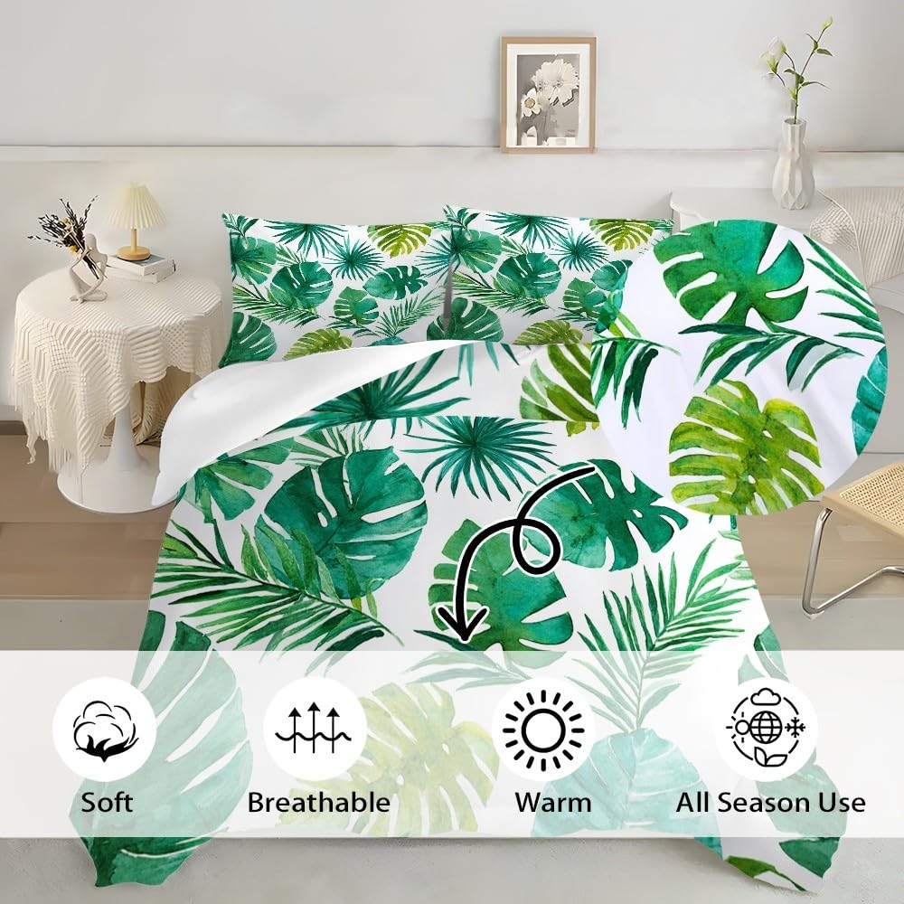 Tropikalne rośliny akwarela 3-częściowy zestaw pościeli, 240 x 220 cm zielona poszewka na kołdrę z zamkiem błyskawicznym miękka i oddychająca poszewka na kołdrę z poszewkami na poduszki 50 x 80 cm