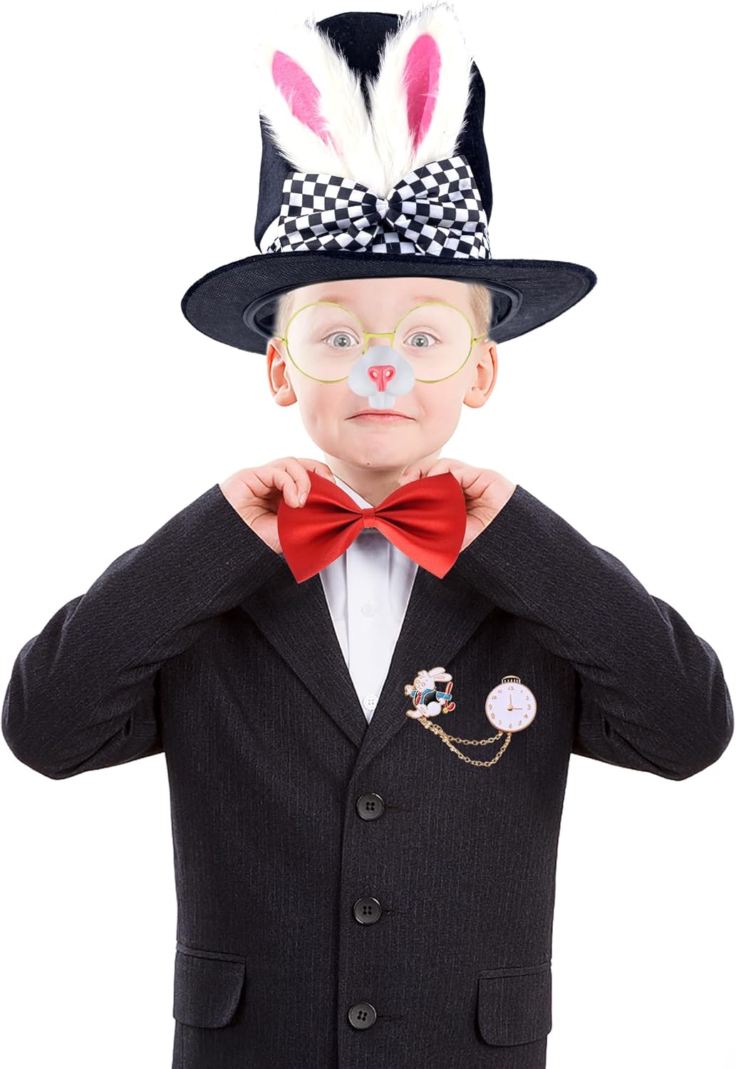 6Pcs White Rabbit Costume Set Include Rabbits Ears Topper Plush Hat Clock Glasses Bowtie Gloves Bunny Nose For Easter Halloween Party Costume - Image 7