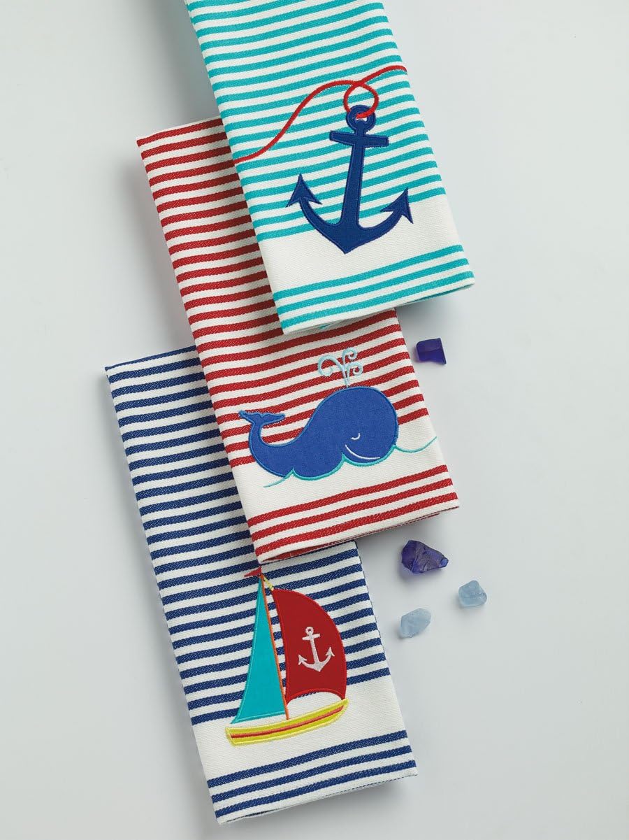 DII 100% Cotton, Machine Washable, Everyday Kitchen Basic, Oversized, Embroidered Dishtowel, 18x28, Set of 3- Anchors Away