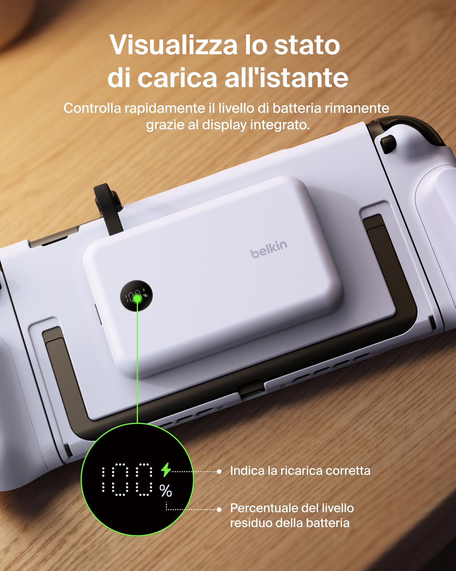 Belkin Gaming Impugnatura Ricarica Nintendo Switch 2, Power bank 10K, Viola | Caricatore Portatile 10000mAh, 30W, Caricatore Magnetico, Compatibilità Supporto, Maniglia Antiscivolo Ergonomica, Display