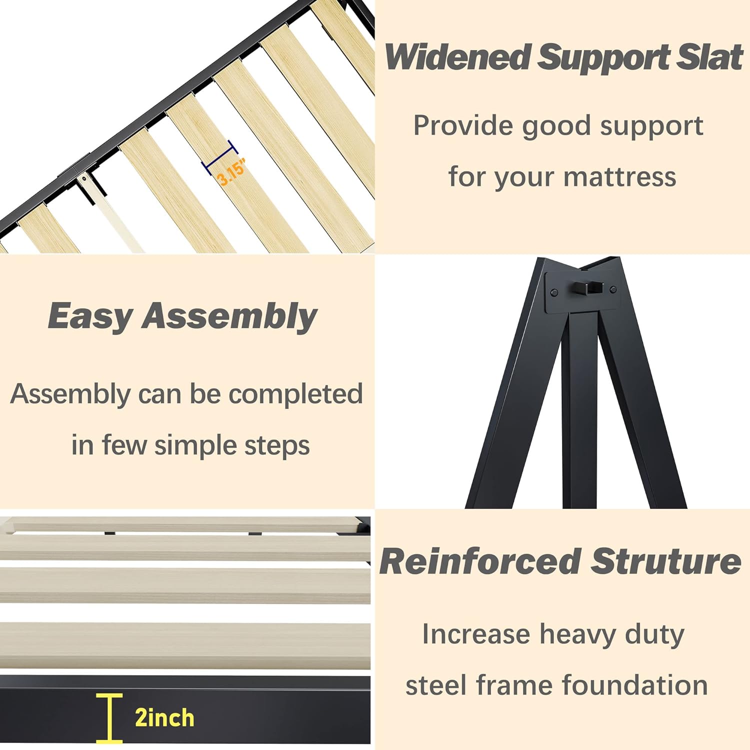 ZIYOO California King Bed Frame 16 inch Tall, 3 Inches Wide Wood Slats with 3500 Pounds Support, No Box Spring Needed for Foam Mattress, Underbed Storage Space, Easy Assembly, Noise Free - Image 5