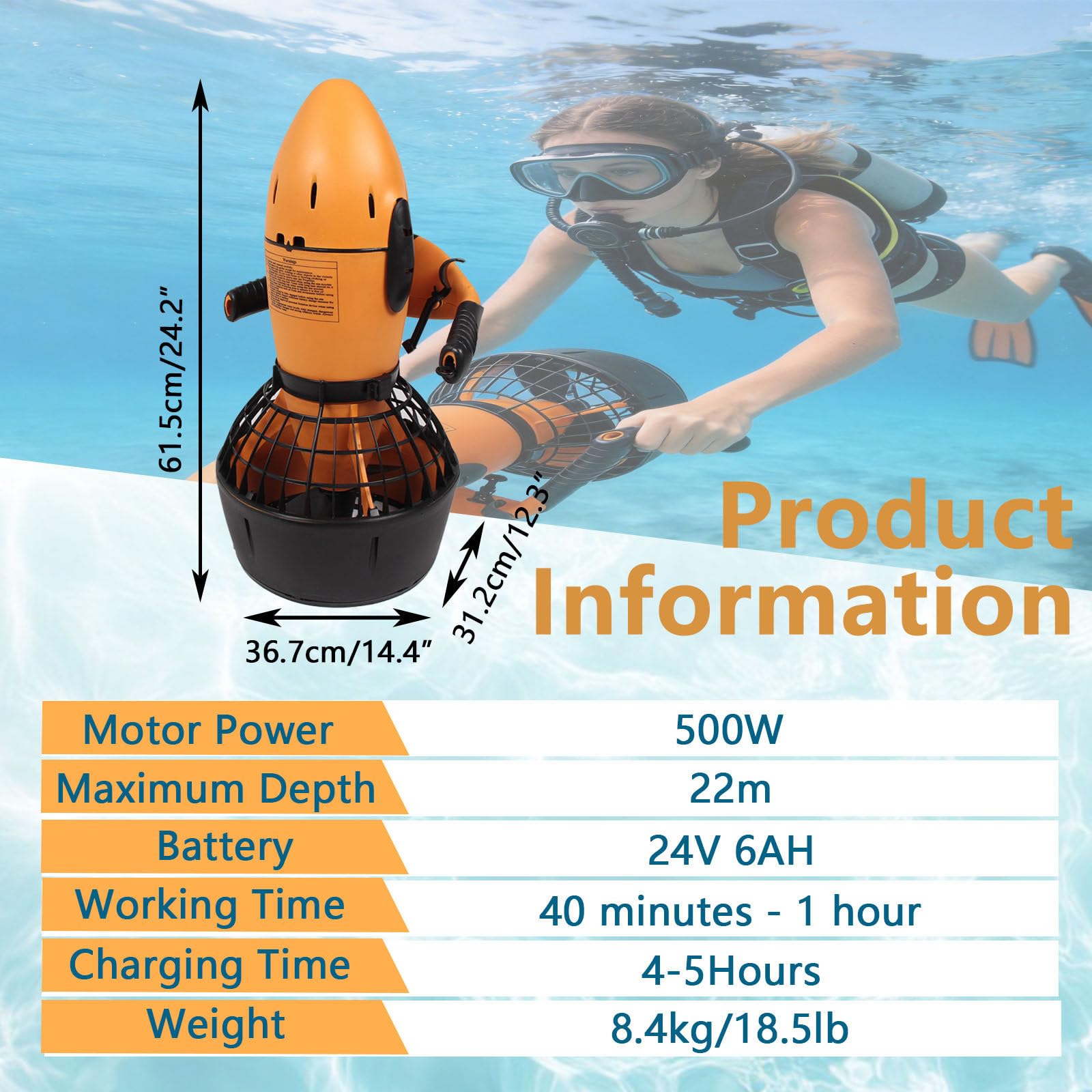 Monopattino subacqueo con Motore 500W, 22m di profondità Massima & Controllo velocità Variabile, per Piscina Immersioni Snorkeling Attrezzatura Sportiva 1Battery