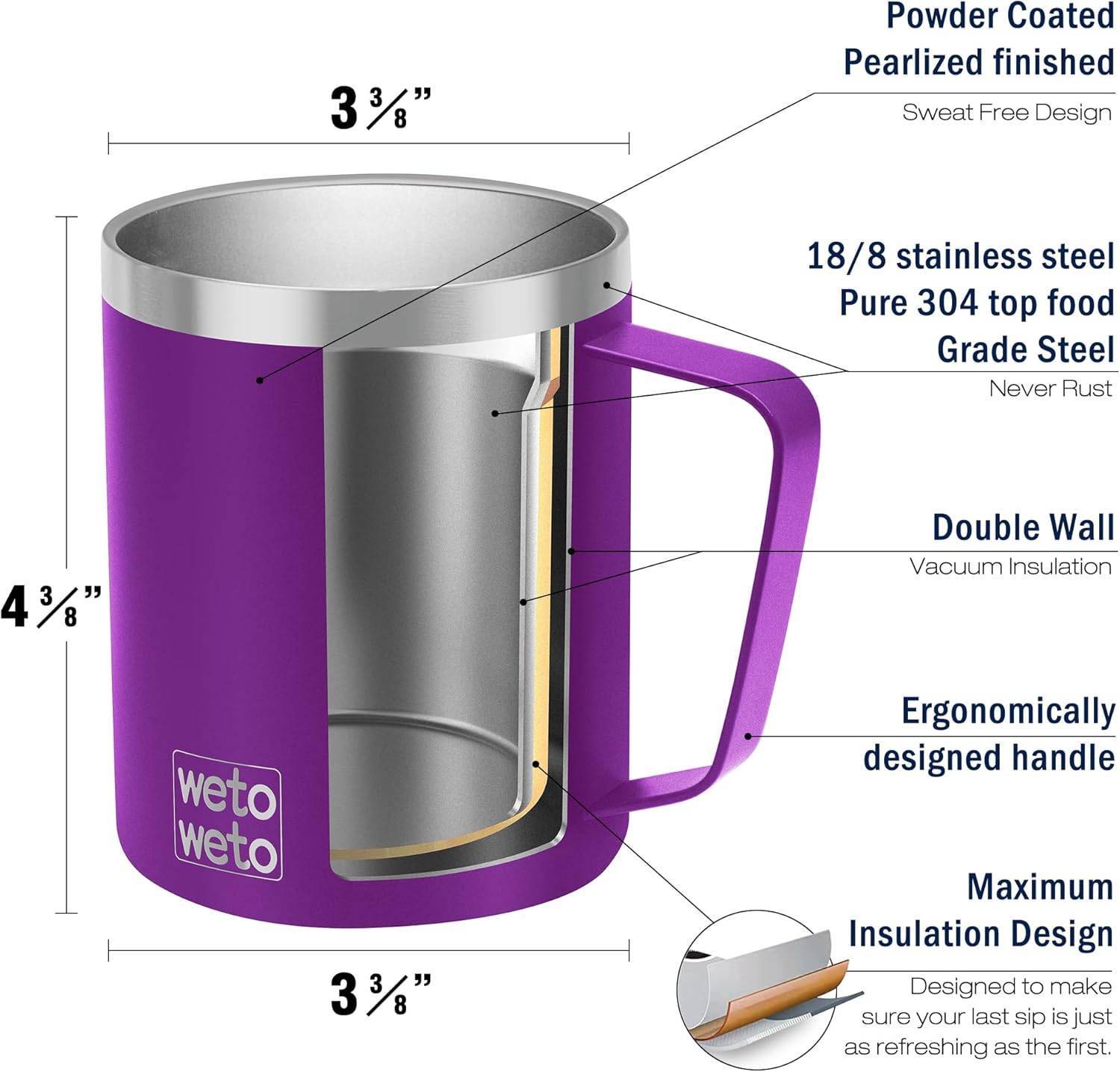 WETOWETO 14 oz Coffee Mug, Vacuum Insulated Camping Mug with Lid, Double Wall Stainless Steel Travel Tumbler Cup, Coffee Mugs Outdoor, Powder Coated Purple - Image 3