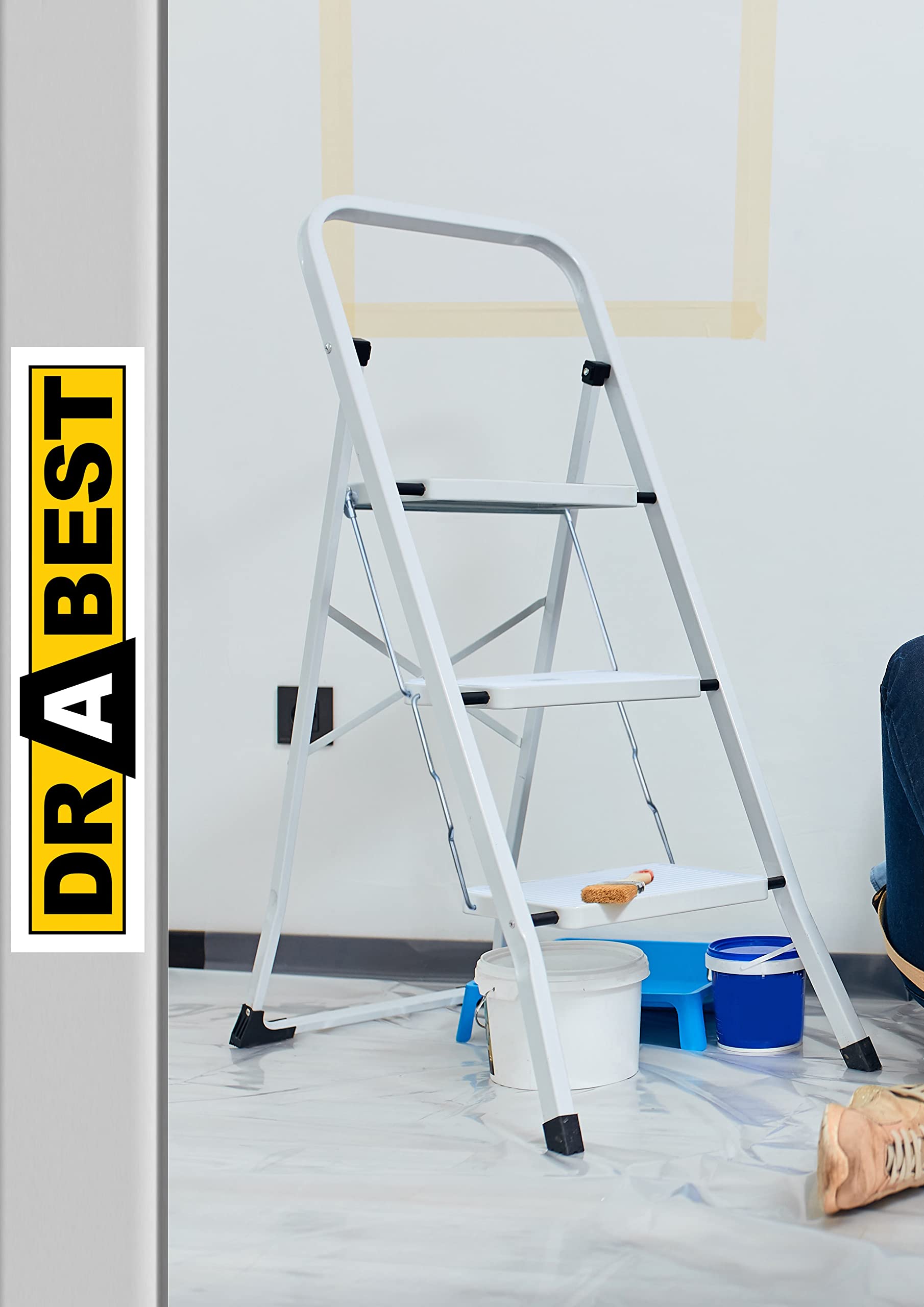 Drabest Scaletta a 3 gradini, antiscivolo, in acciaio, piedini antiscivolo