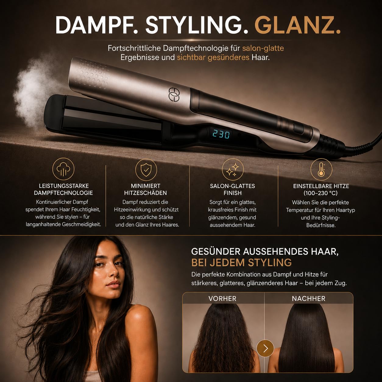Glätteisen 2-in-1 Professionelles Haarglätter Lockenstab Golden Goods - Dampf & 42mm Breite Titanplatten Keramikbeschichtigung, LCD-Display, 25s schnelles Aufheizen &10 Temperaturstufen 100°C-230°C