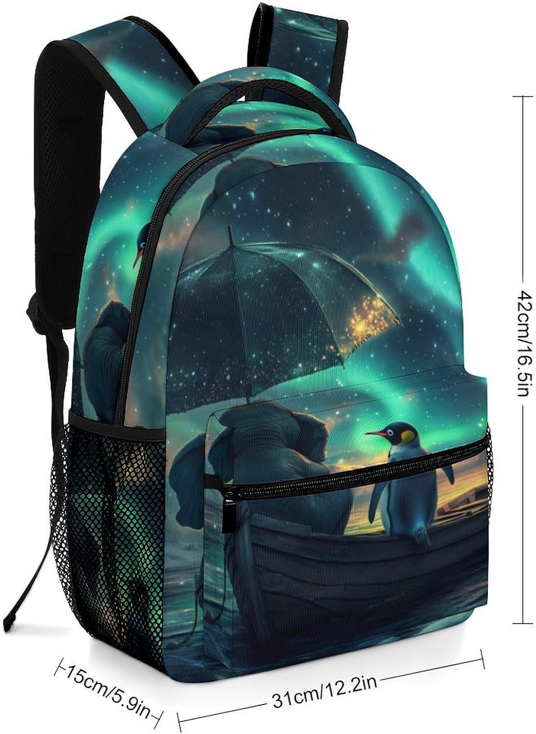 Northern Lights Elephant Penguin on Boat Laptop Backpack Lightweight Travel Daypack Shoulder Bag for Men Women