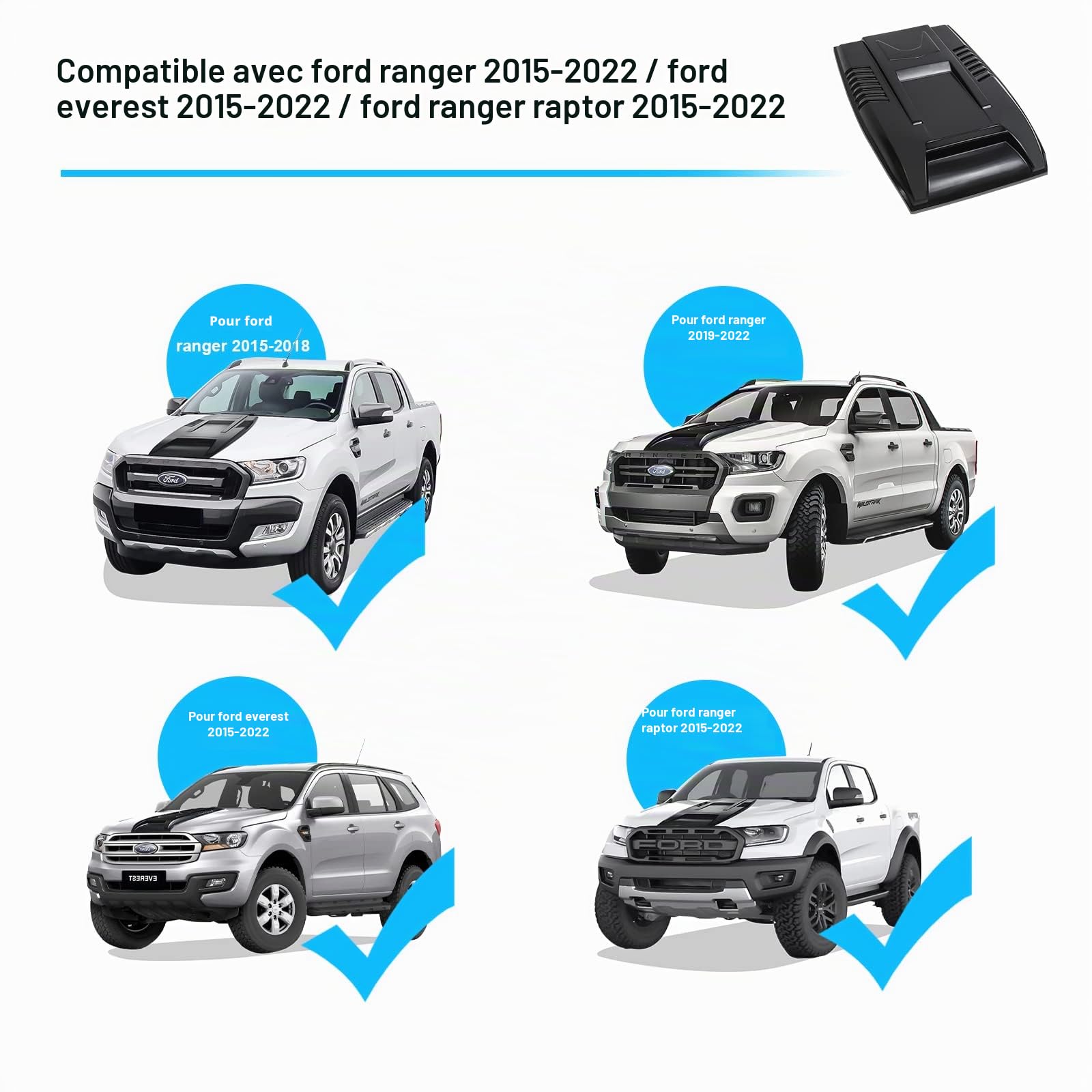 Grande pelle de capot en ABS pour Ford Ranger T7 T8 2015-2022 Wildtrak Raptor Limited XL XLT Tremor Platinum MK2 MK3