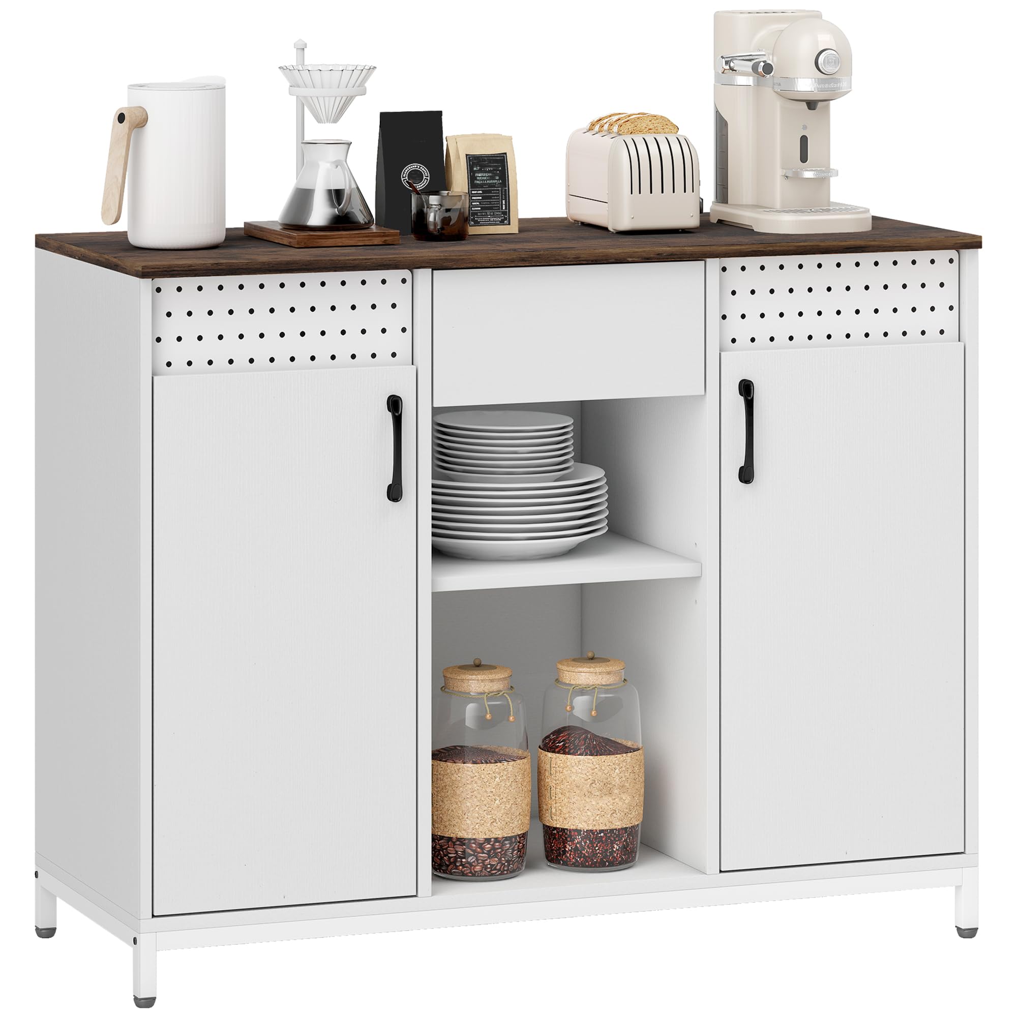 HOMCOM Aparador de 2 Puertas con Tablero Colgante 100x40x80 cm Blanco | Aparador para Salón, Cajón, Compartimentos Abiertos, Estantes Ajustables, para Cocina, Entrada, Oficina