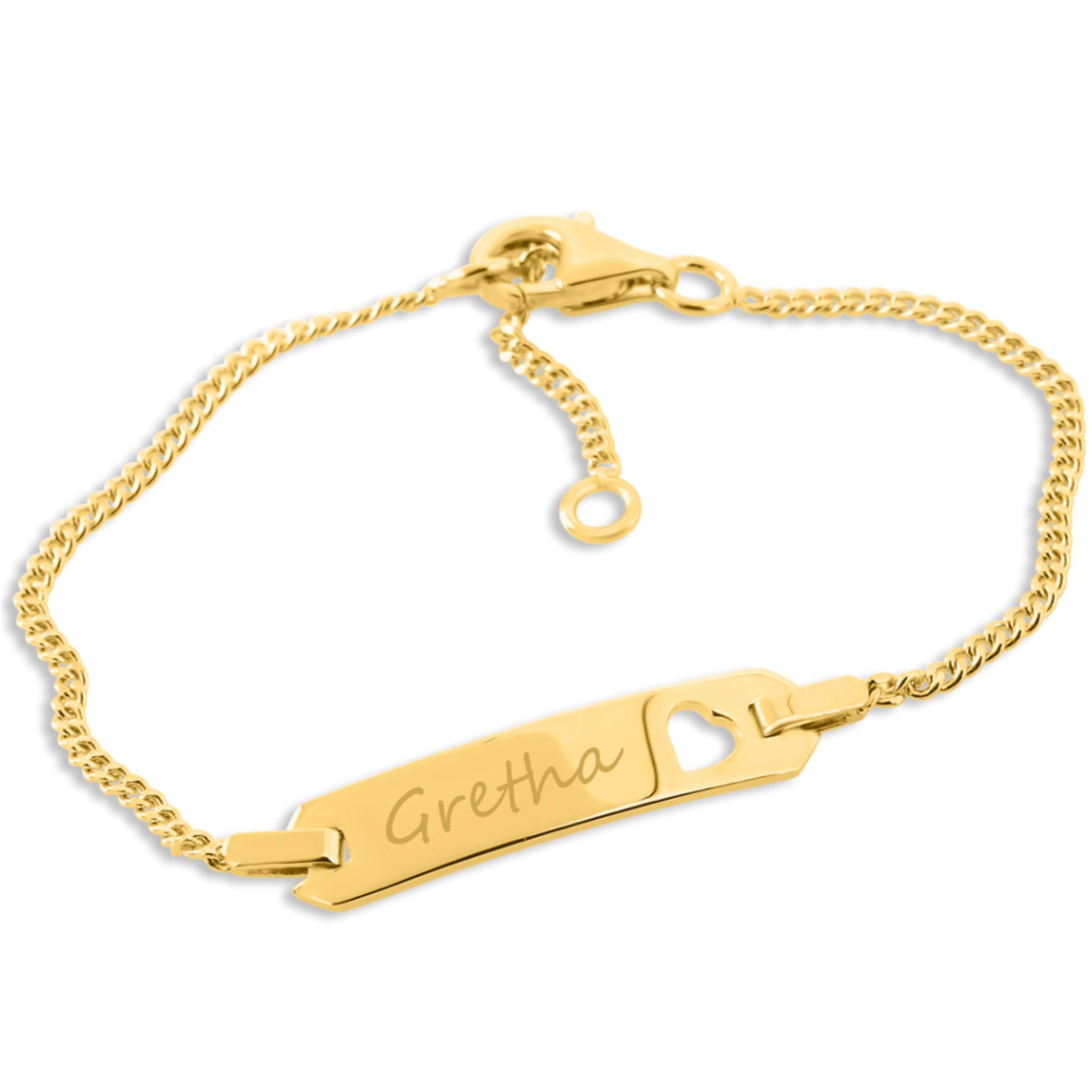 Baby ID Armband gold zur Taufe Geburt Taufarmband mit Gravur aus 925 Silber vergoldet mit Herz Namensarmband Baby Kind kurz 12cm 14cm Geschenke Taufe für Mädchen oder Junge