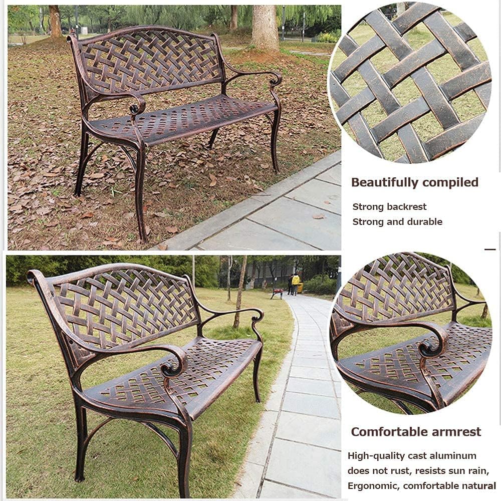 Metal Park Bench Outdoor Garden Bench Weatherproof Cast Aluminum Patio Benches Retro Courtyard Bench with Backrest and Handrails