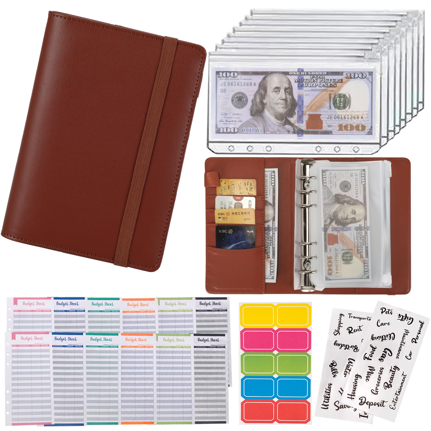 NICOOTHBudget Binder Cash Envelopes A6 Money Saving Binder with Zipper envelopes (A6 Brown)