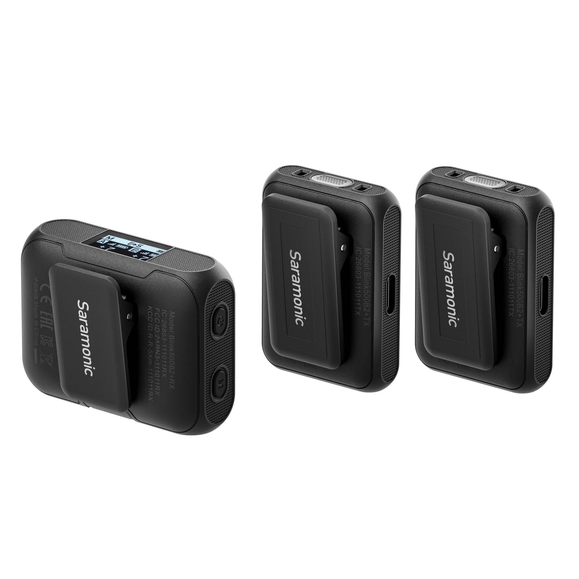 Saramonic Blink 500+ B2 Kabelloses Mikrofonsystem für 2 Personen mit Gerätehalterung, Empfänger, 3,5 mm, USB-C und Lightning-Ausgänge, Ladehülle, Geräuschunterdrückung und magnetische Montage