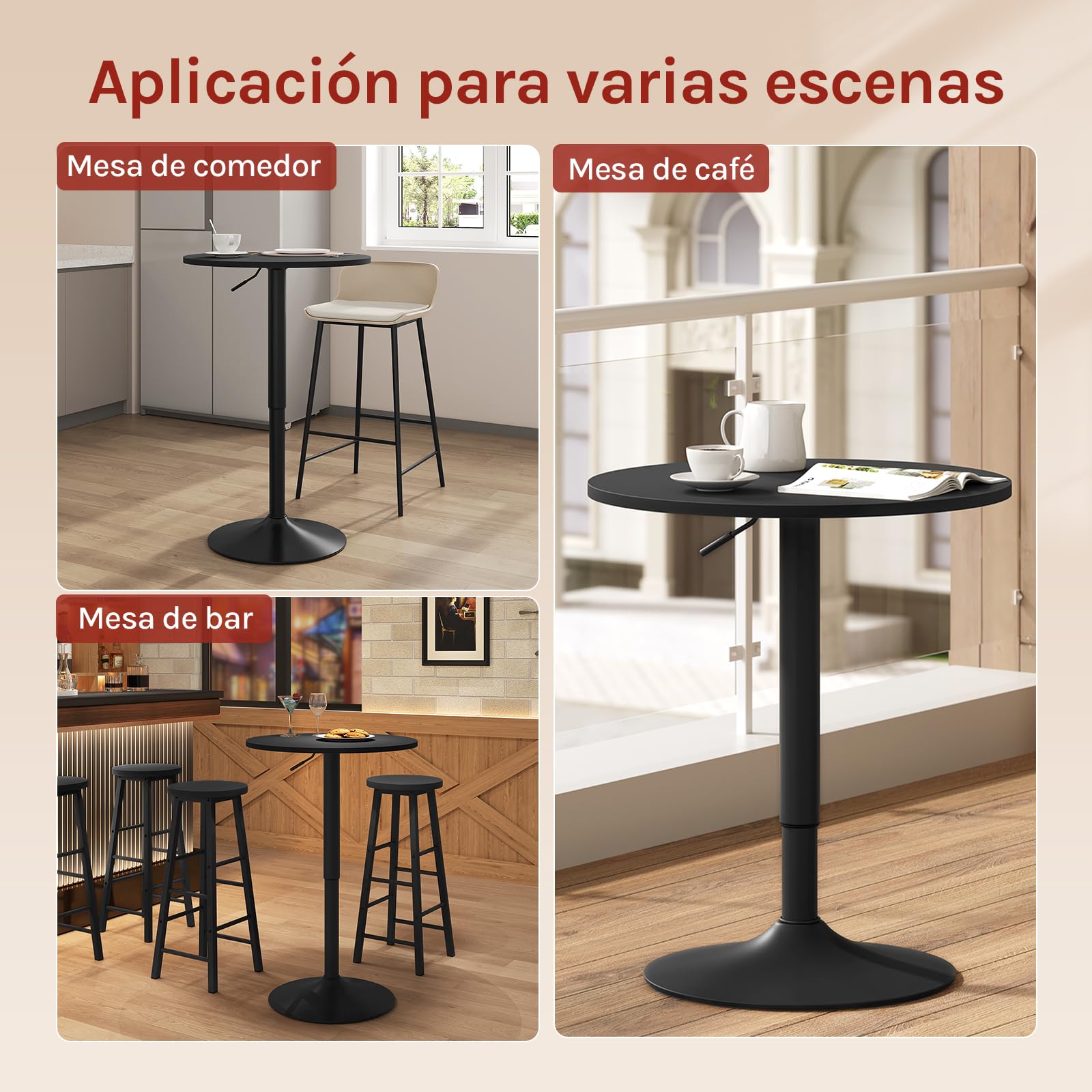 WOLTU Mesa de Bar, Regulable en Altura, 360 Grados Giratorio, Hecha de MDF, Redonda para Cocina, Bar, Negro Redondo