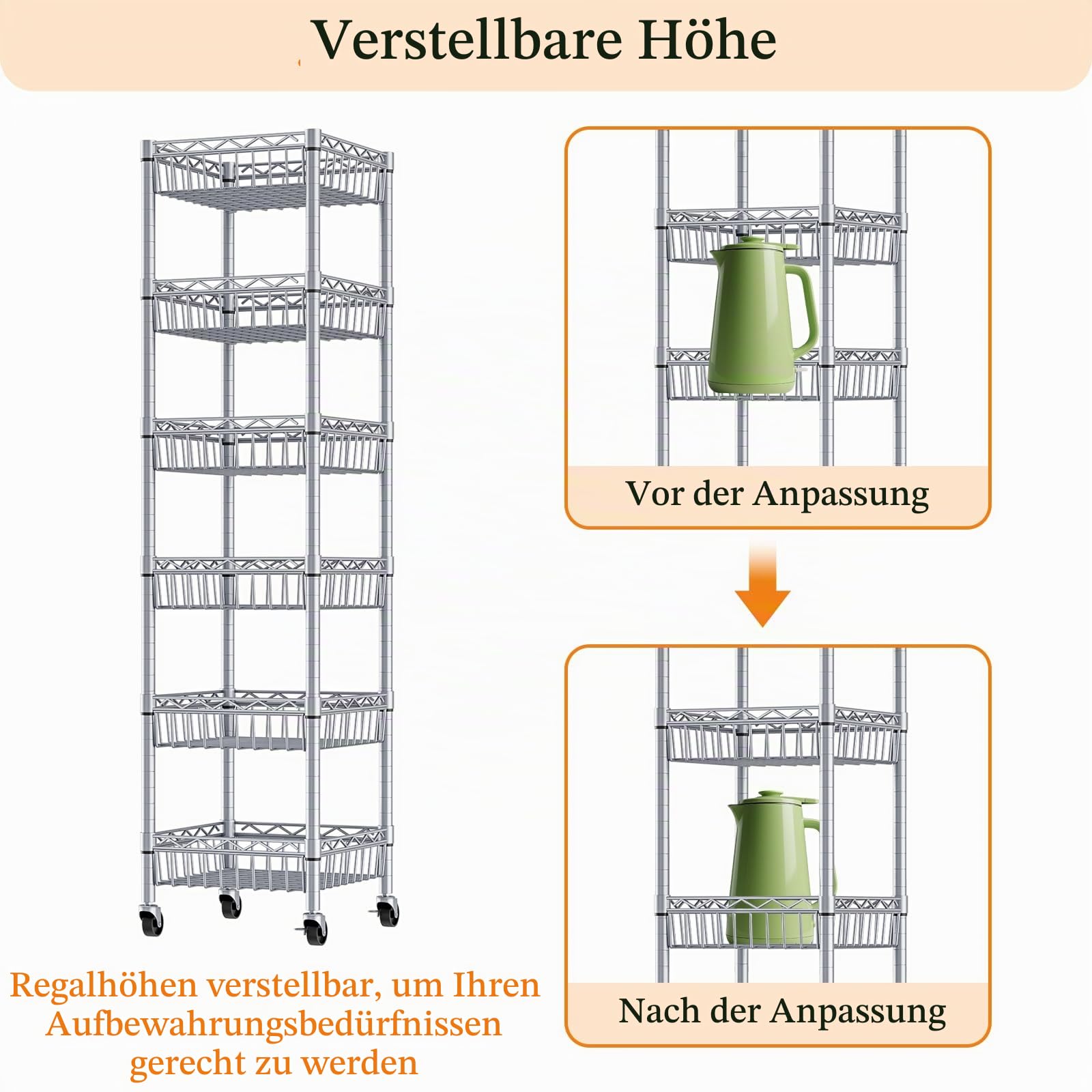Standregal Drahtregal 6 Ebenen, Körbe, Rollen, verstellbar, Silber