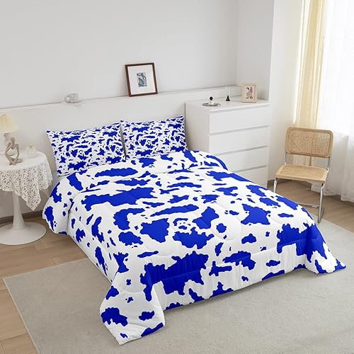 Miniatura 2 de Erosebridal Juego de edredón de piel de vaca azul marino, animales de granja, tamaño Queen, juego de ropa de cama con estampado de vaca de las