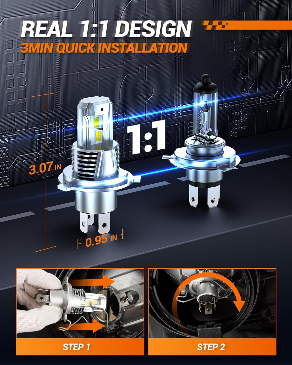 SEALIGHT H4/9003 LED Light Bulb, 1:1 Real Size, 800% Brighter 46,000LM Super Output, 6500K Cool White with Fan,3Mins Plug and Play, Pack of 2