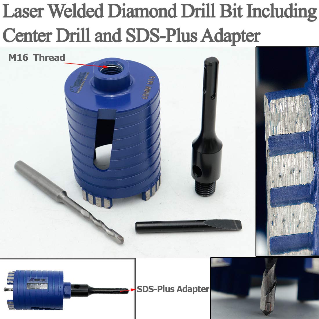 SHDIATOOL Diamentowe wiertło rdzeniowe 2 szt. 68 mm gwint M16 z adapterem SDS-Plus i wiertłem środkowym do betonu