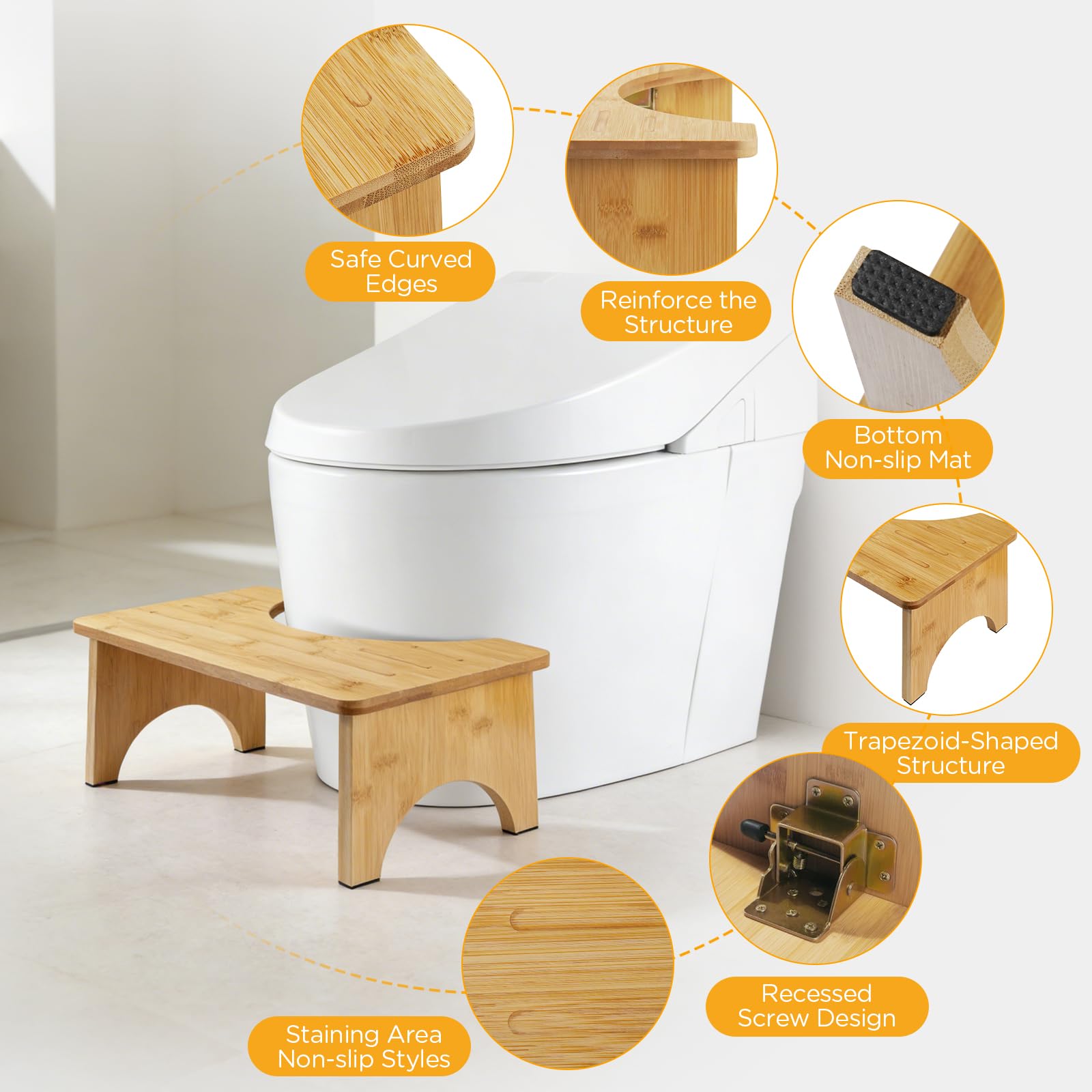 VINATO Sgabello per Bagno in Bambù Pieghevole, Sgabello WC Poggiapiedi Fisiologico 17cm Antiscivolo, Gradino Ergonomico per Adulti, Anziani, Stitichezza e Salute Intestinale