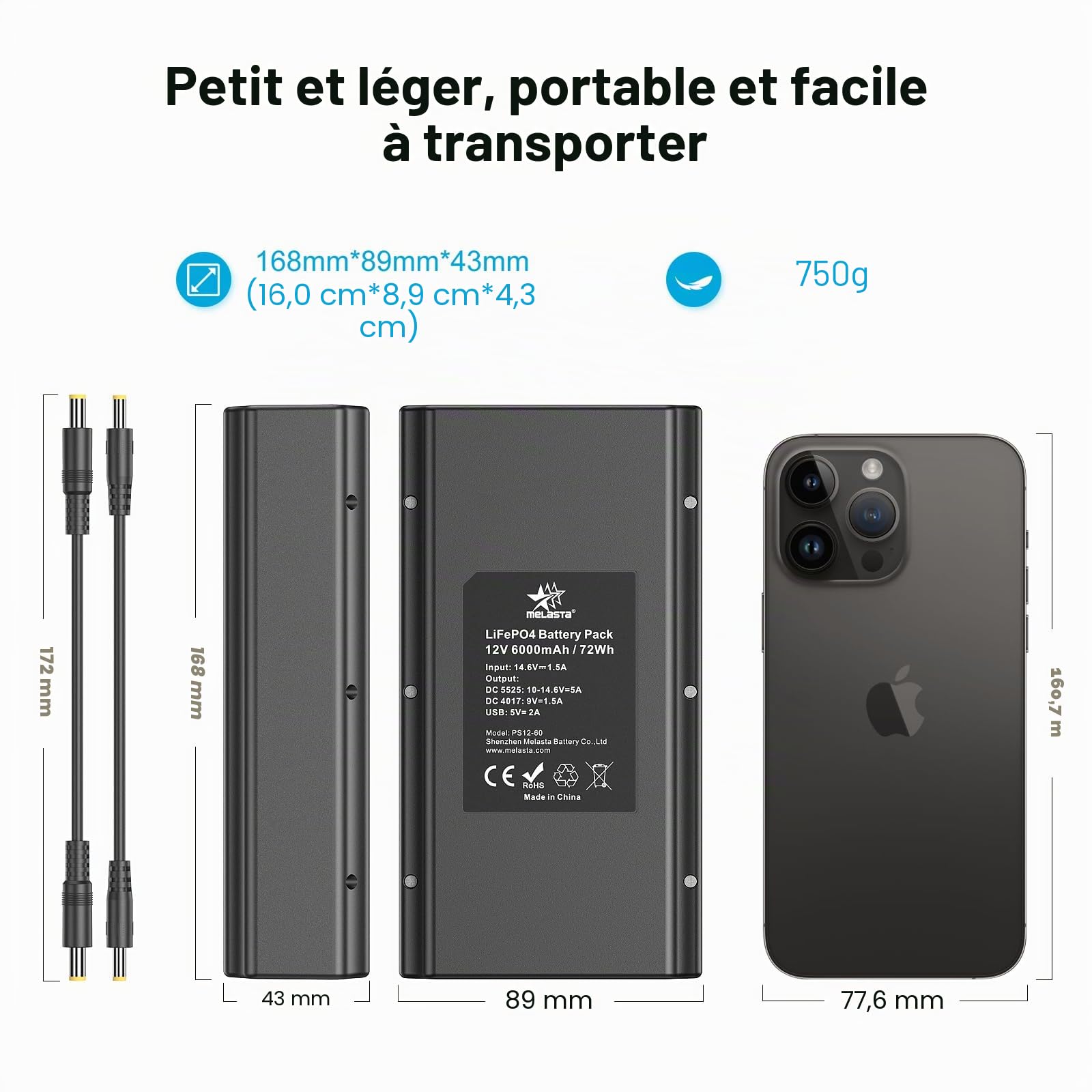 melasta 6000mAh Batterie Externe, Pack Batterie Ont 12V Porte DC in/Out Équipement et 9V Porte DC Out et USB-A Équipement, Power Bank pour Smartphone, Bande LED, Caméra de Surveillance