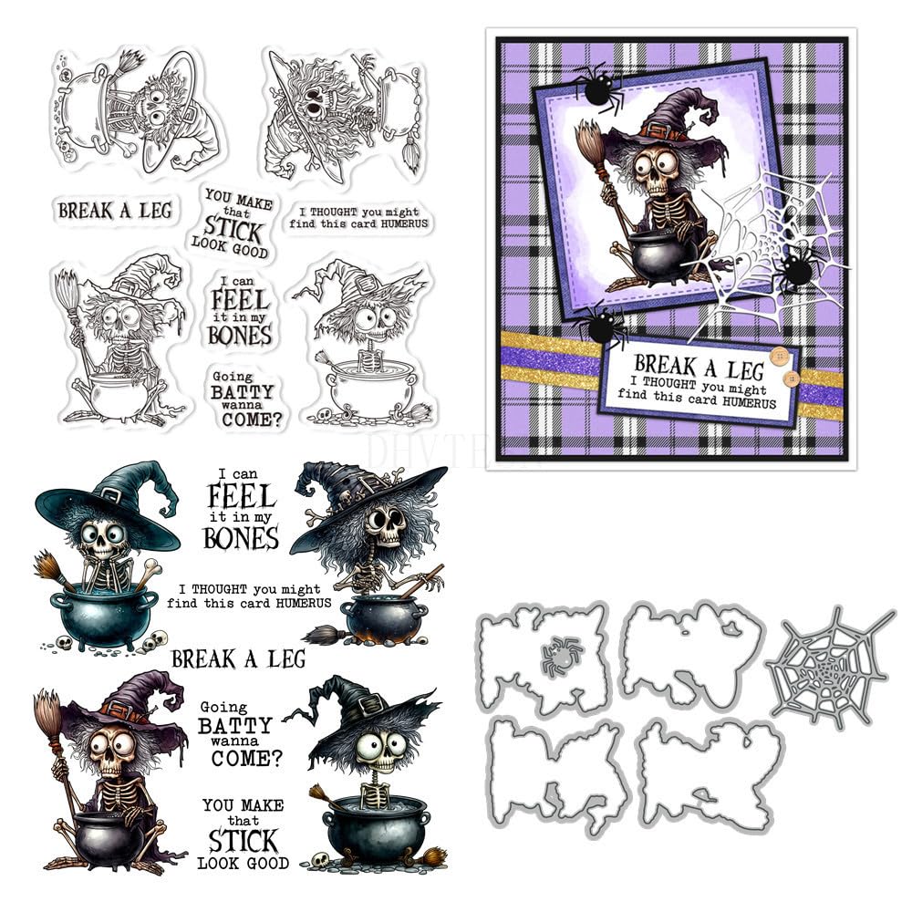 Witch Hat Skull Stamps and Die Cuts for Card Making Halloween Broom Transparent Silicone Clear Stamp and Metal Cutting Dies Sets for DIY Scrapbooking Paper Crafting Seals Decorative Supplies