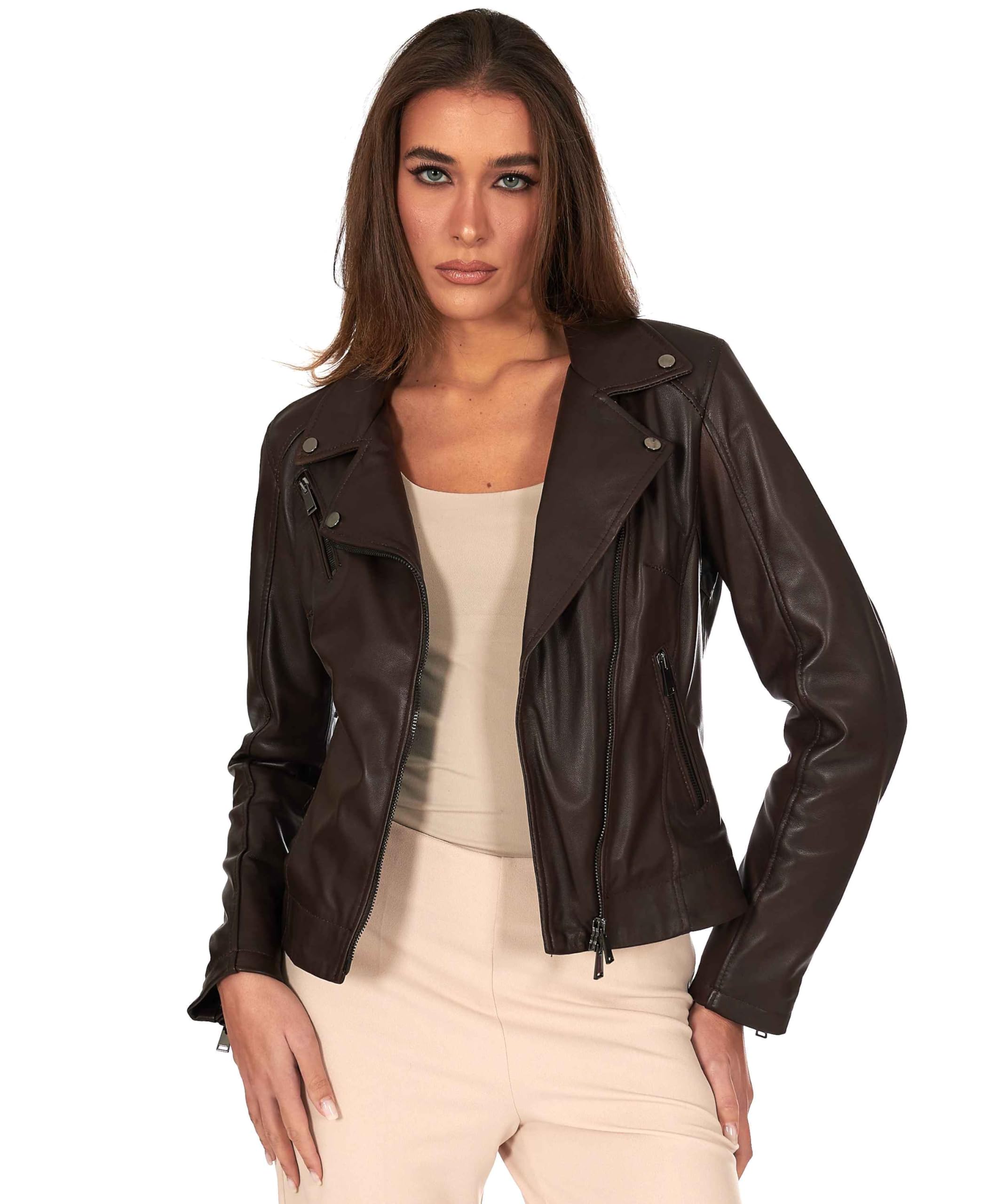 D'Arienzo Chiodo Vera Pelle Donna Testa di Moro Giacca Biker Giubbotto Moto Made in Italy Kbc