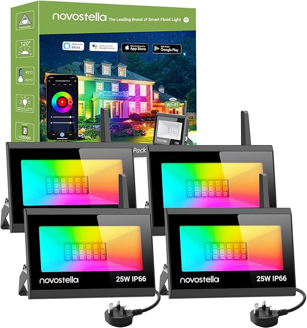 NOVOSTELLA 4 Pack 25W LED Flood Lights Outdoor, Smart WiFi RGB Color Changing Stage Floodlights IP66 Waterproof, Voice Control via Alexa and Google, Uplights for Events, Party, Garden, Christmas