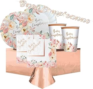 DIMAV Kit n.13 Accessori Tavola in Carta Buon Compleanno Rose Gold con bellissime Decorazioni Floreali Rose boccioli di Rosa e Fiori Set Chic, Elegante e di Tendenza