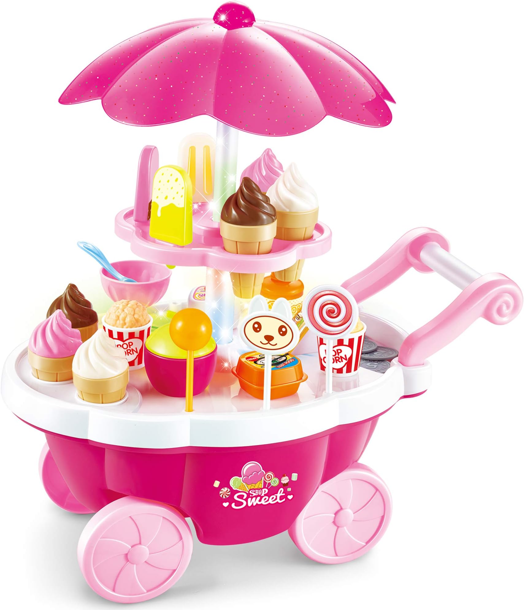 Buyger 39pcs Plastic Mini Ice Cream Candy Trolley Desserts Shop Music and Lights Toys Role Play Food Games for Children