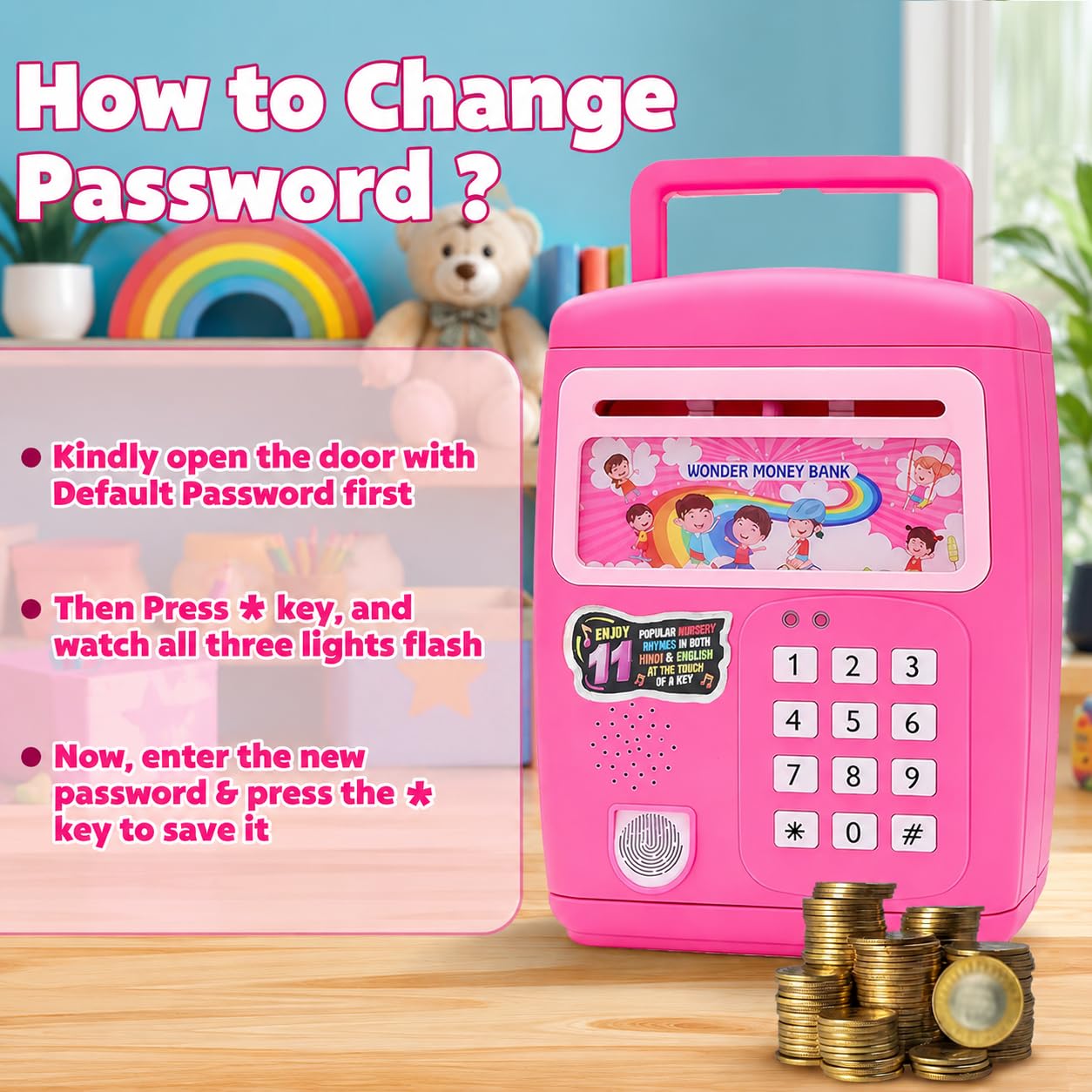 Pink Piggy Bank for Kids - Fingerprint & Electronic Lock -7