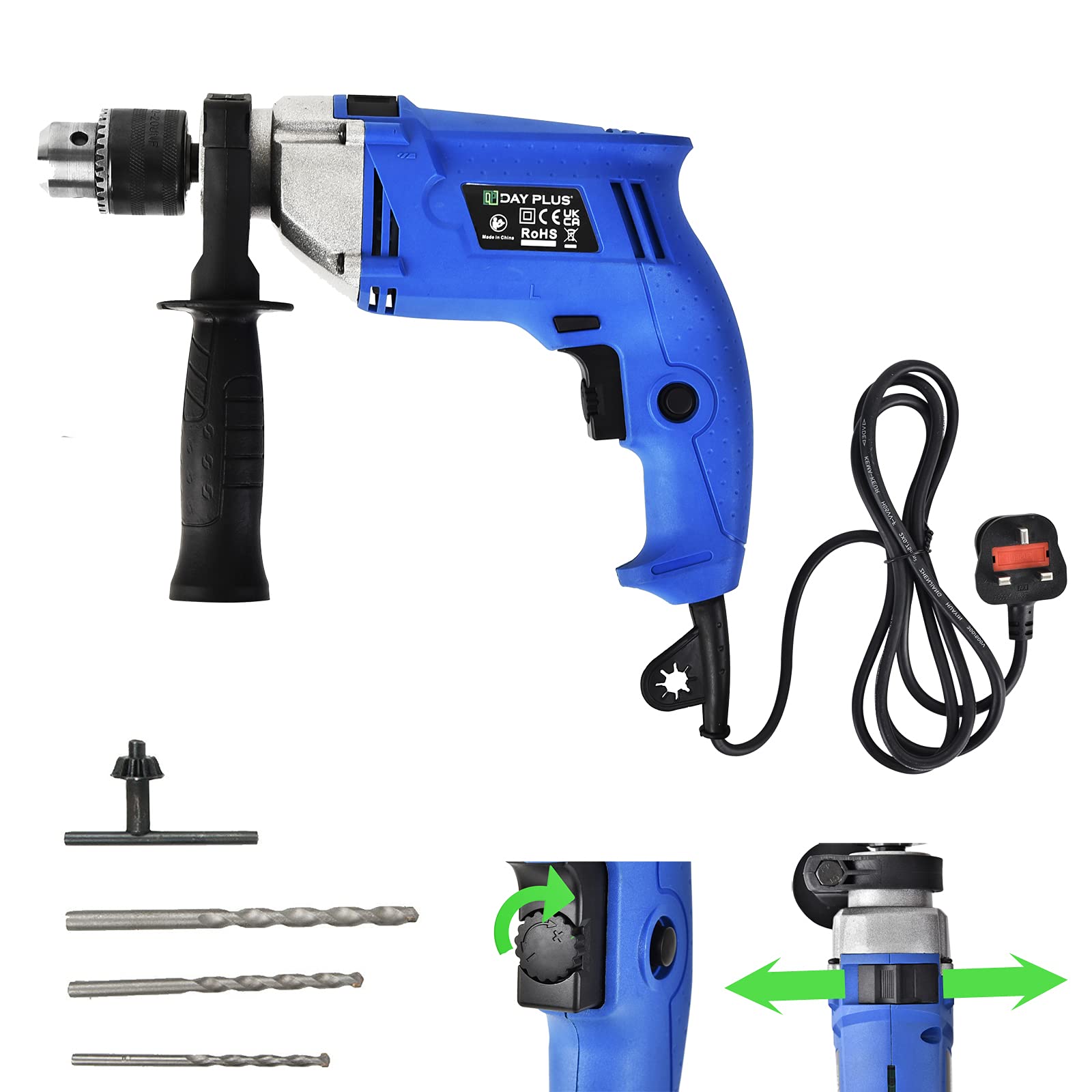 Dayplus Blue 850W Electric Impact Drill Hammer 3000Rpm Rotary Hammer Drill Hand Corded Hammer Drill Set Variable-Speed Trigger, 360° Rotating Handle For Drilling In Wood, Steel, Concrete #Yl01
