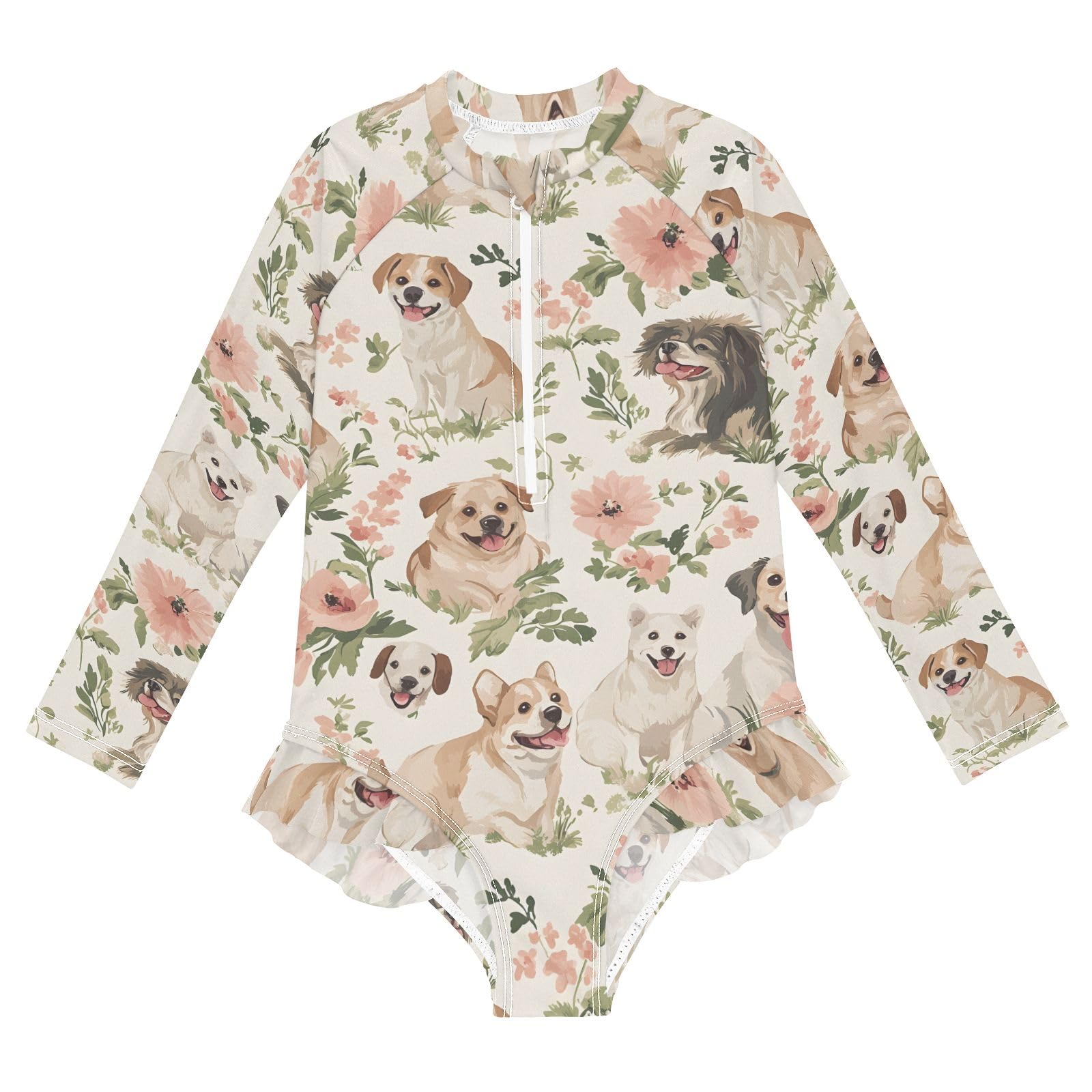 ALAZA Toddler Swimsuit Girl Bathing Suit Swimwear Rash Guard Dog Flower Long Sleeve 3T