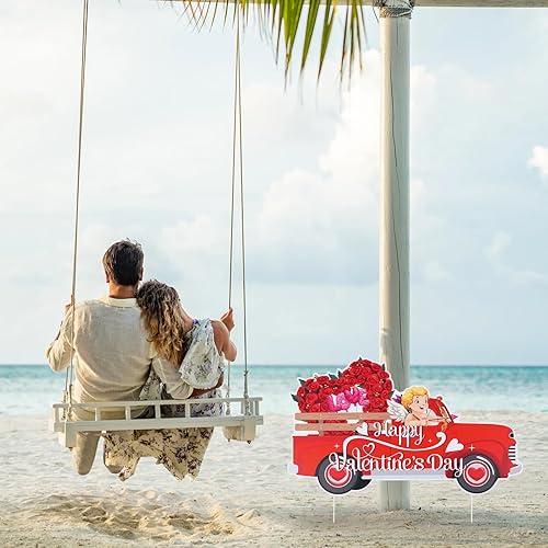 Miniatura 7 de Letrero de San Valentín, 20.6 x 12.4 pulgadas, inserto de San Valentín con estacas de conducción de ángel, camioneta roja para decoración al aire