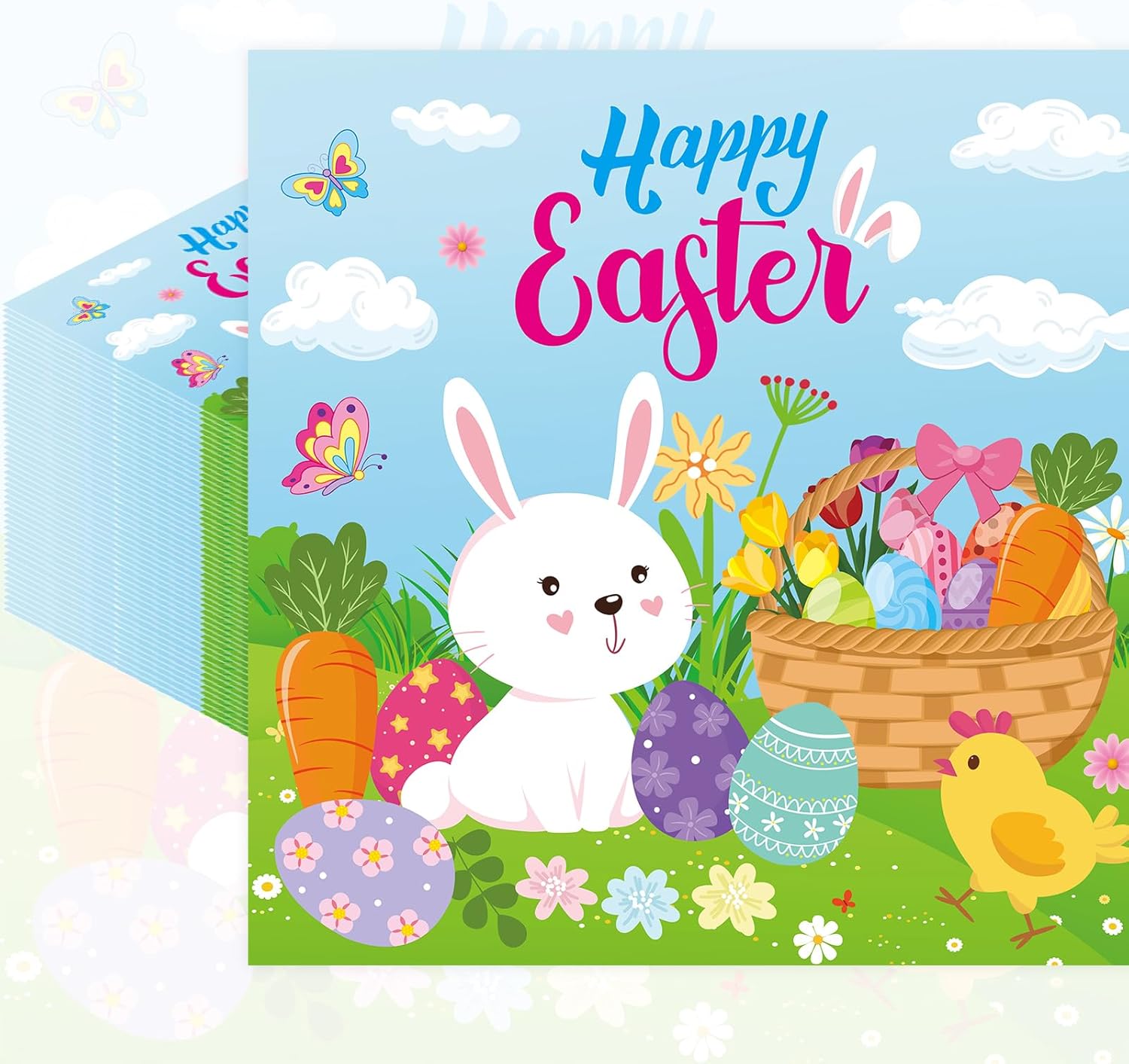 Pack of 50, Happy Easter Napkins, Colorful Bunny and Egg Design Disposable Paper Napkins for Easter Table Decorations, Spring Birthday Holiday Party Supplies, 13x13 Inches Unfolded