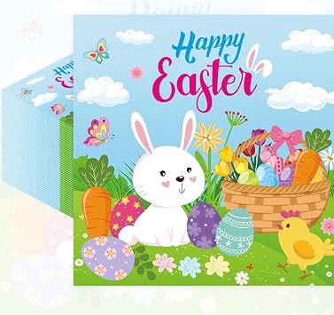 Pack of 50, Happy Easter Napkins, Colorful Bunny and Egg Design Disposable Paper Napkins for Easter Table Decorations, Spring Birthday Holiday Party Supplies, 13x13 Inches Unfolded