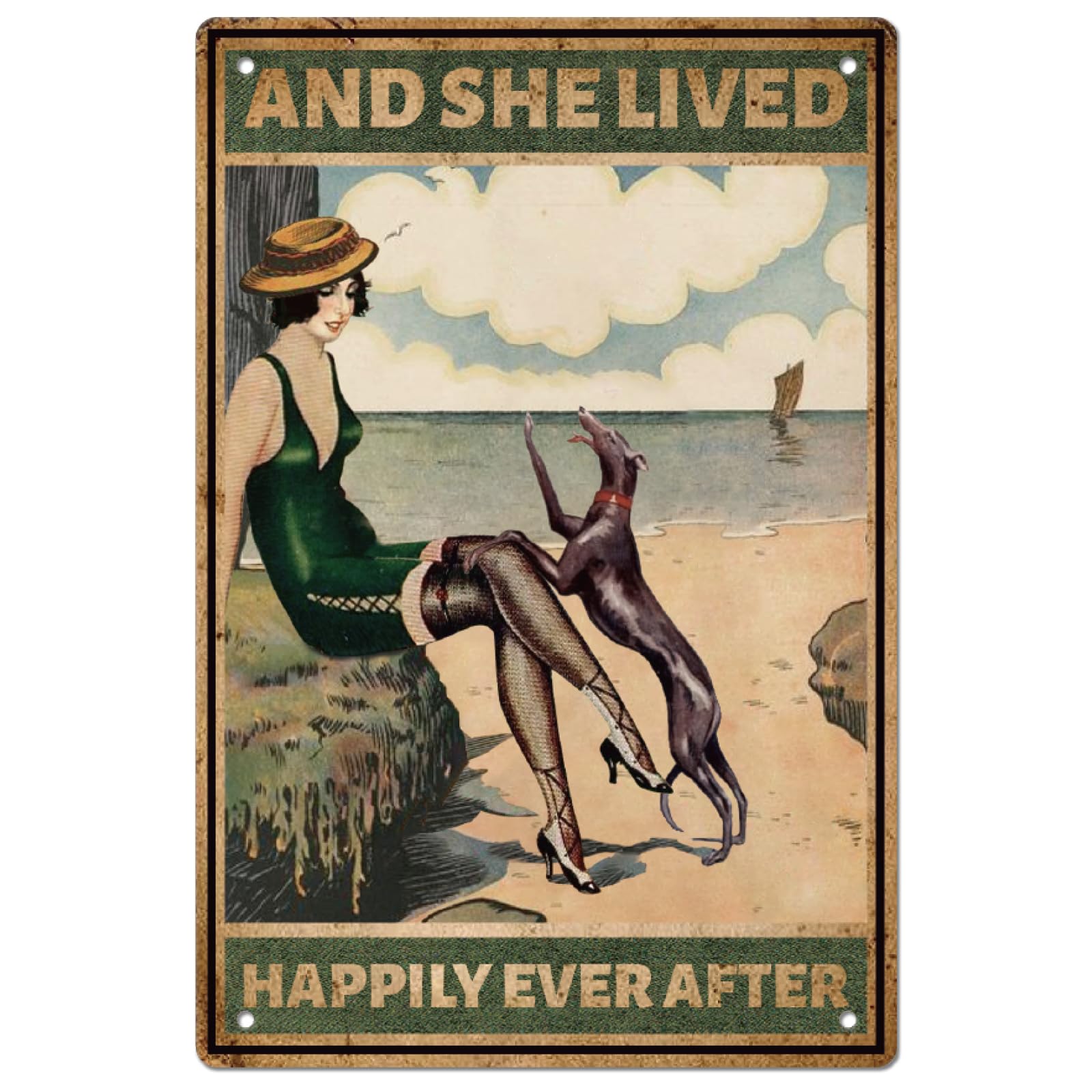 SUPERDANTBeach Girl Tin Sign with Dog Vintage Metal Tin Signs She Lived Happily Ever After Funny Wall Art Painting Metal Decor for Beach Park Beach House Bar Girls Room Fence