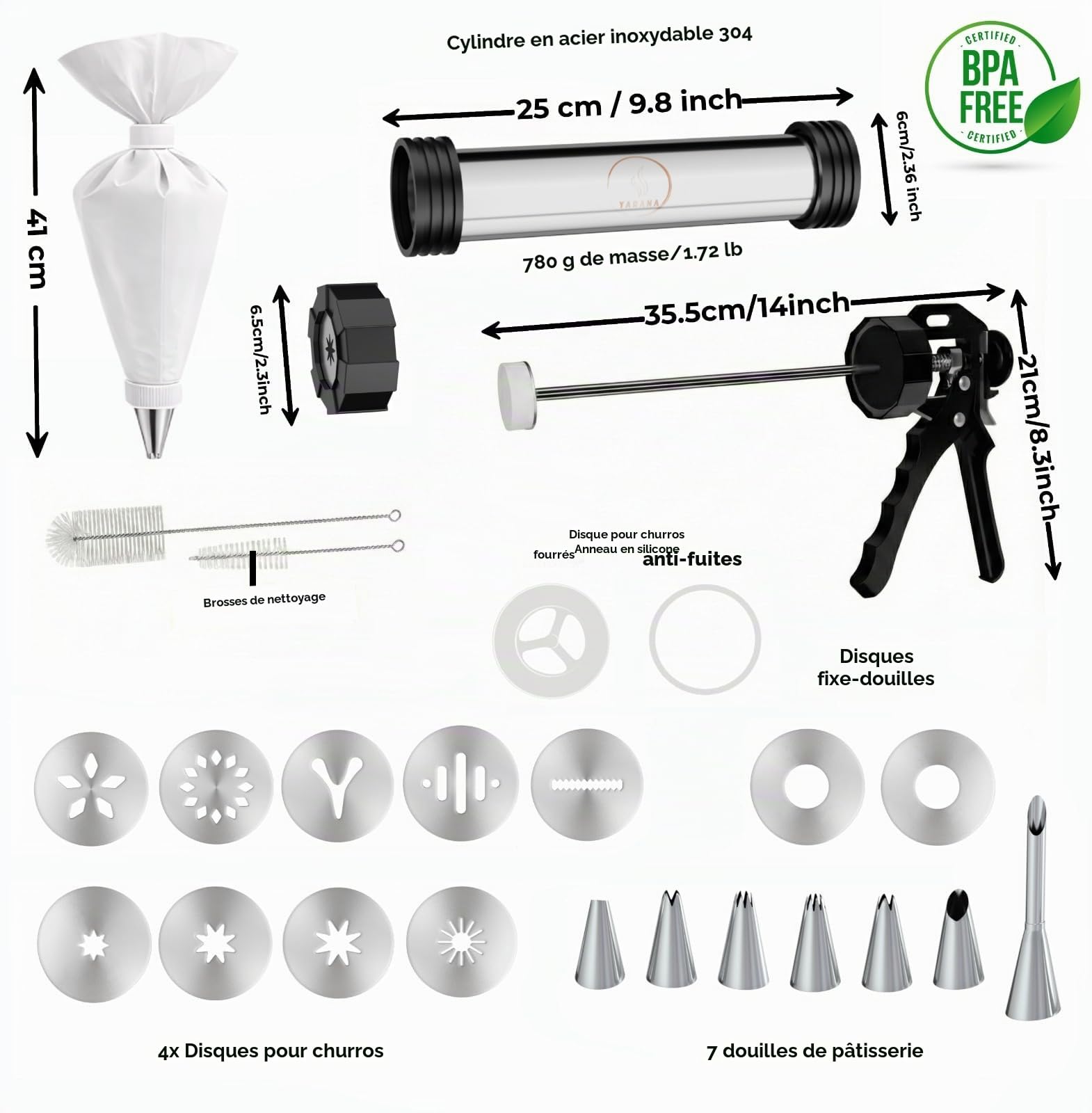 Appareil à Churros Acier Inoxydable 304 - Kit Machine à Spritz et Presse à Biscuits, Poche à Douille, 7 Douilles, 8 Disques (Chichis & Sablés), Livre Recettes