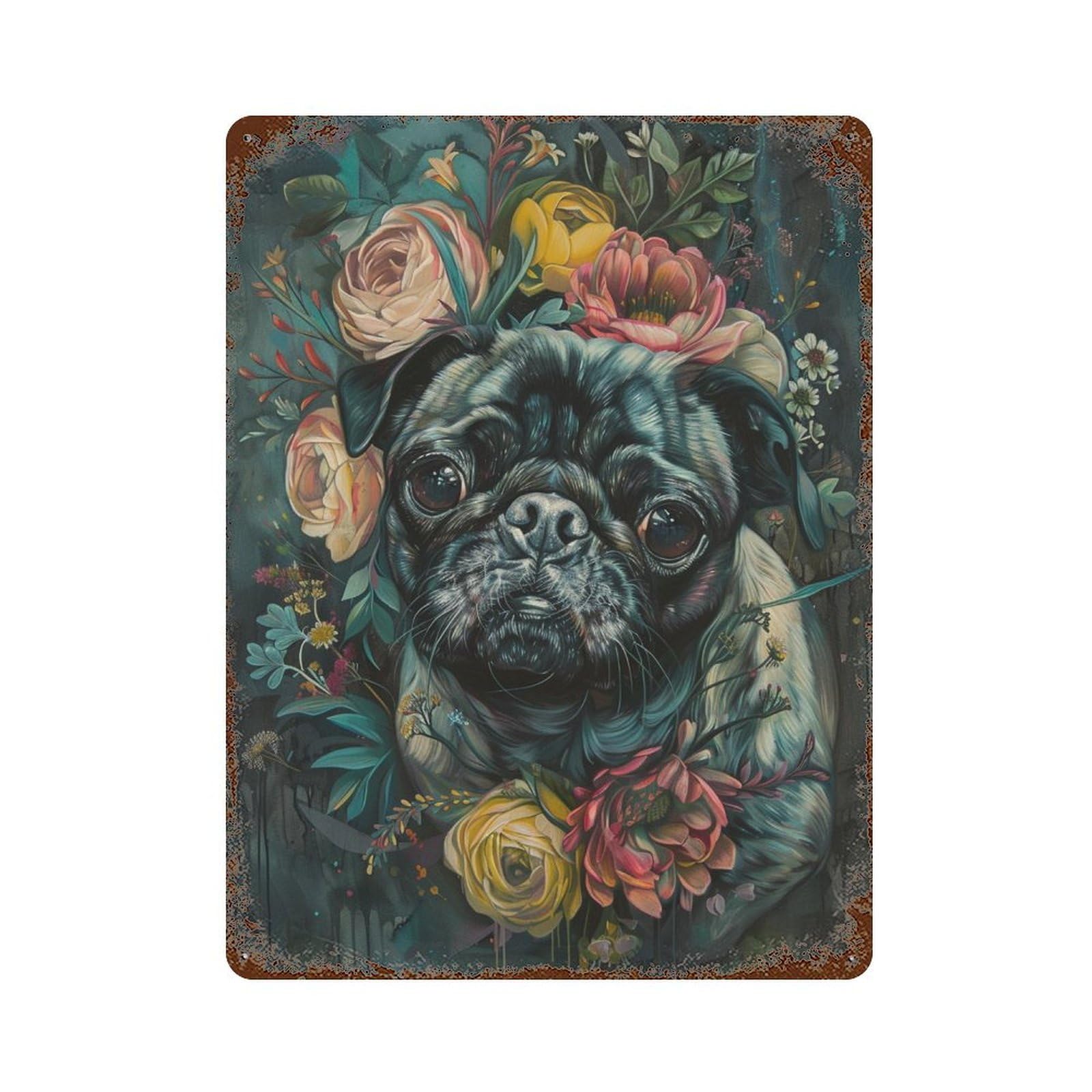 Aged Metal Wall Plaque with Floral Pug Portrait Art Print Design 15.7"x11.8", for Farmhouse, Kitchen And Entryway Decor, Retro Wall Decor