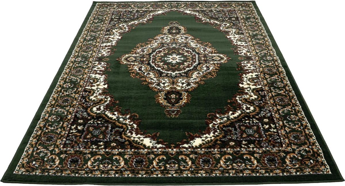 VIMODA Tapis oriental à poils courts classique pour salon, salle à manger, couloir, vert, couleur : G8757, dimensions : 160 cm, rond