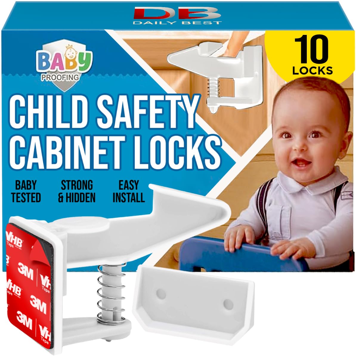 DB DAILY BEST - Cabinet Locks for Babies - Child Safety Latches 10 Pack - Invisible Adhesive Baby Proofing Drawer Locks - Works with Most Cabinets and
