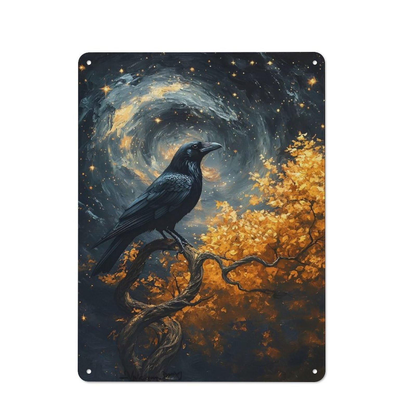 Junmoney Style Character Decorative Tin Plaque 40X30cm Featuring Raven On A Twisted Tree Under A Starry Sky, Home Wall Decor For Flat, Dorm Room, Lounge Or Cafe