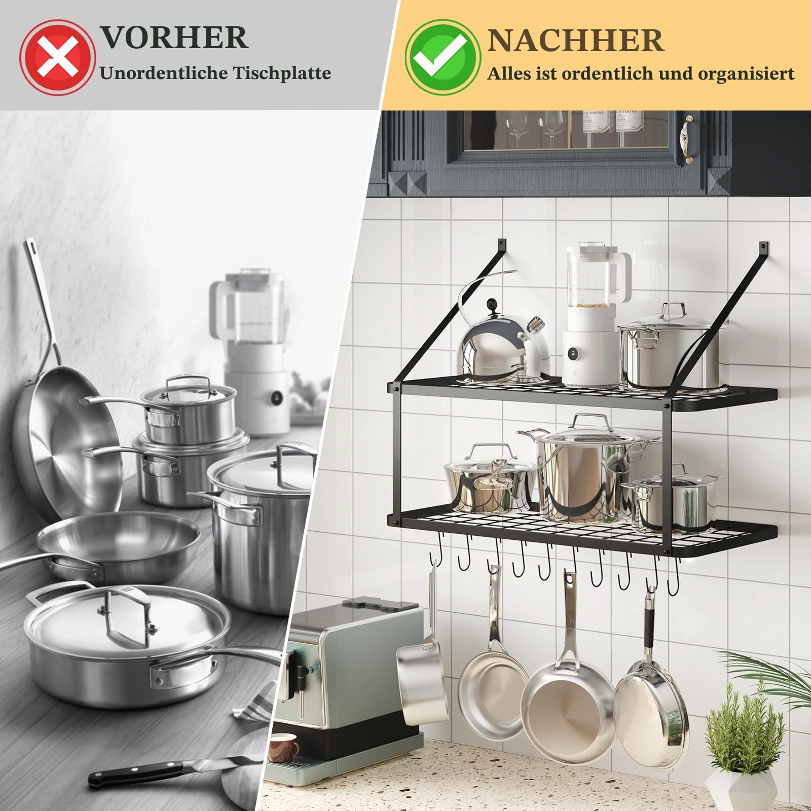 Warmiehomy Küchenregal Wand Pfannenhalter, Wandregal Küche mit 10 Haken, 2-Schicht Topf Pfannen Organizer, Gewürzregal Hängend, Wandmontage Küchenutensilienhalter Küchenablage (74,9x34,8x58,9 cm)