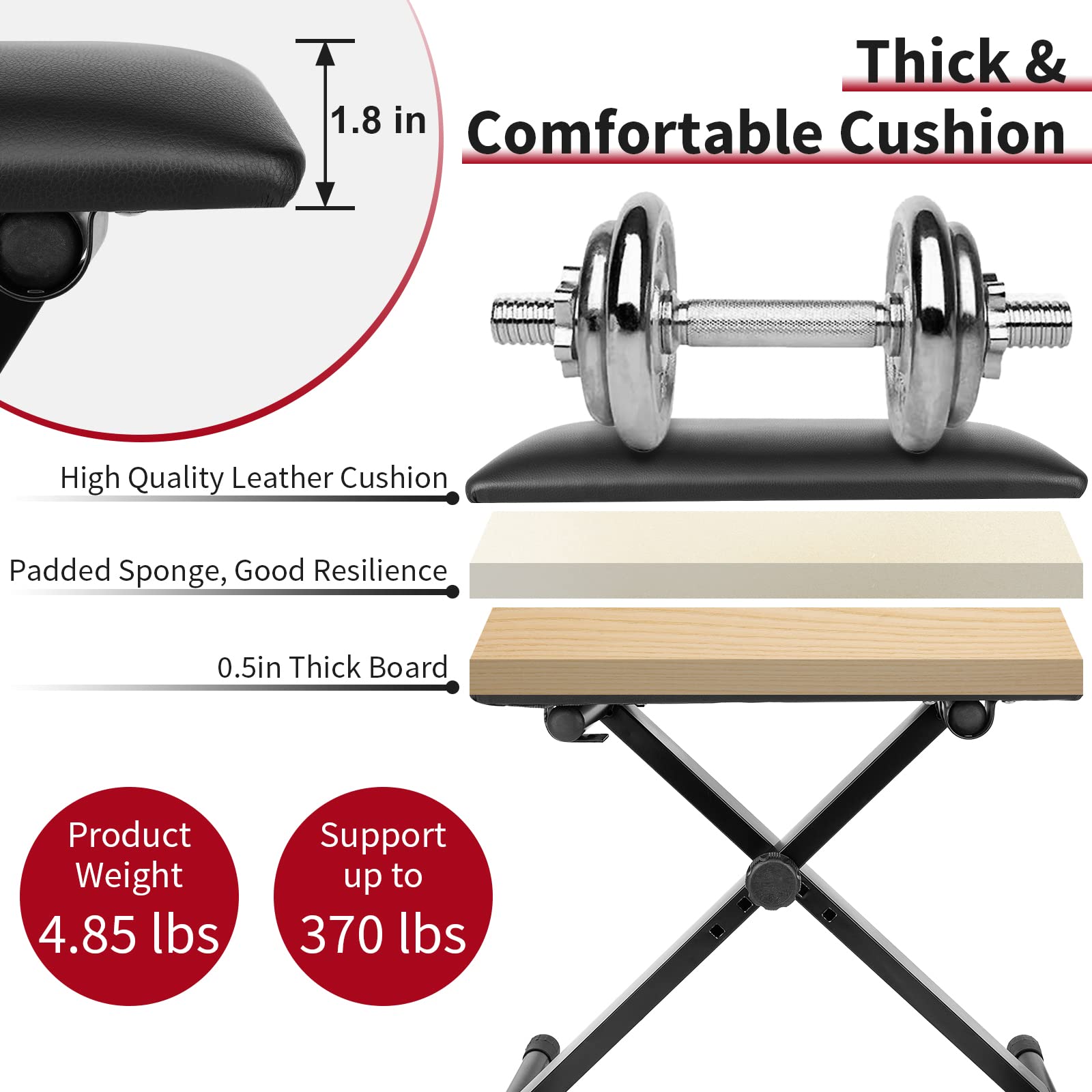 MUZNOTE Banco de teclado, banco de piano ajustable, asiento acolchado para teclado, estilo X, plegable, algodón ignífugo, diseño antideslizante e impermeable, color negro