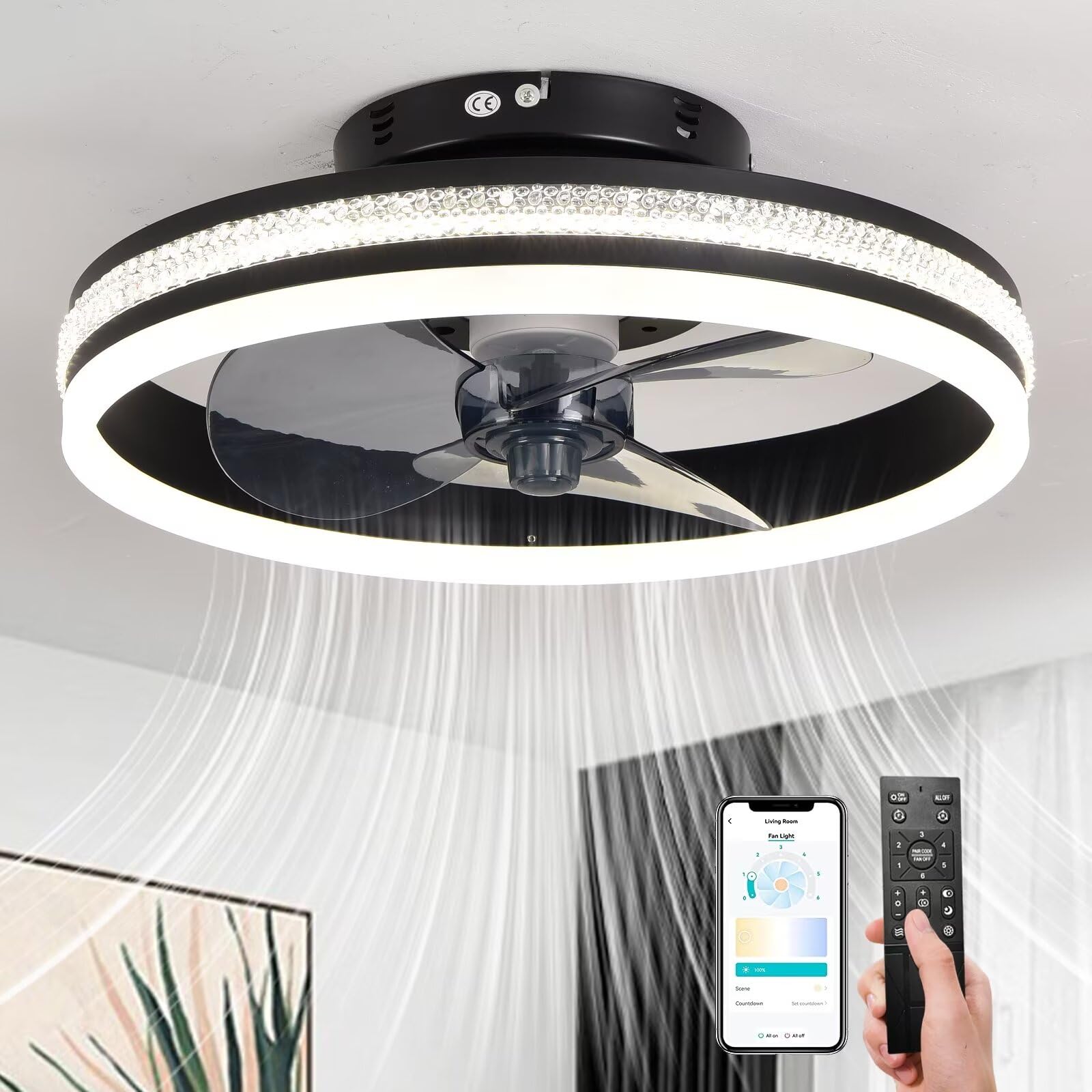 AHWEKRQuiet Ceiling Fans with Lights Remote Control, Modern Lighting Fan Ceiling Light LED Dimmable Ceiling Fan Lamps for Bedroom Living Room, Fan Reversible and 6 Speeds (Black, 40CM)