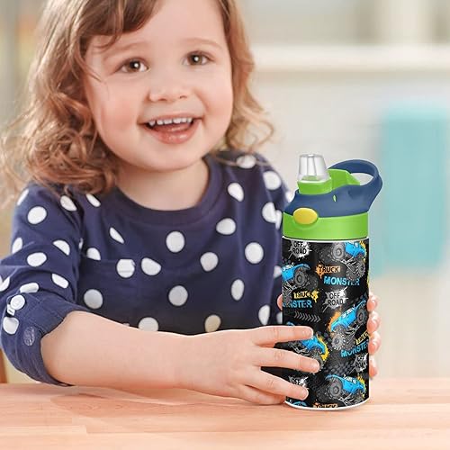Miniatura 7 de Monster Truck - Neumáticos aislados de acero inoxidable para niños pequeños, taza de acero con popote y asa, tazas para niños y niñas, escuela,